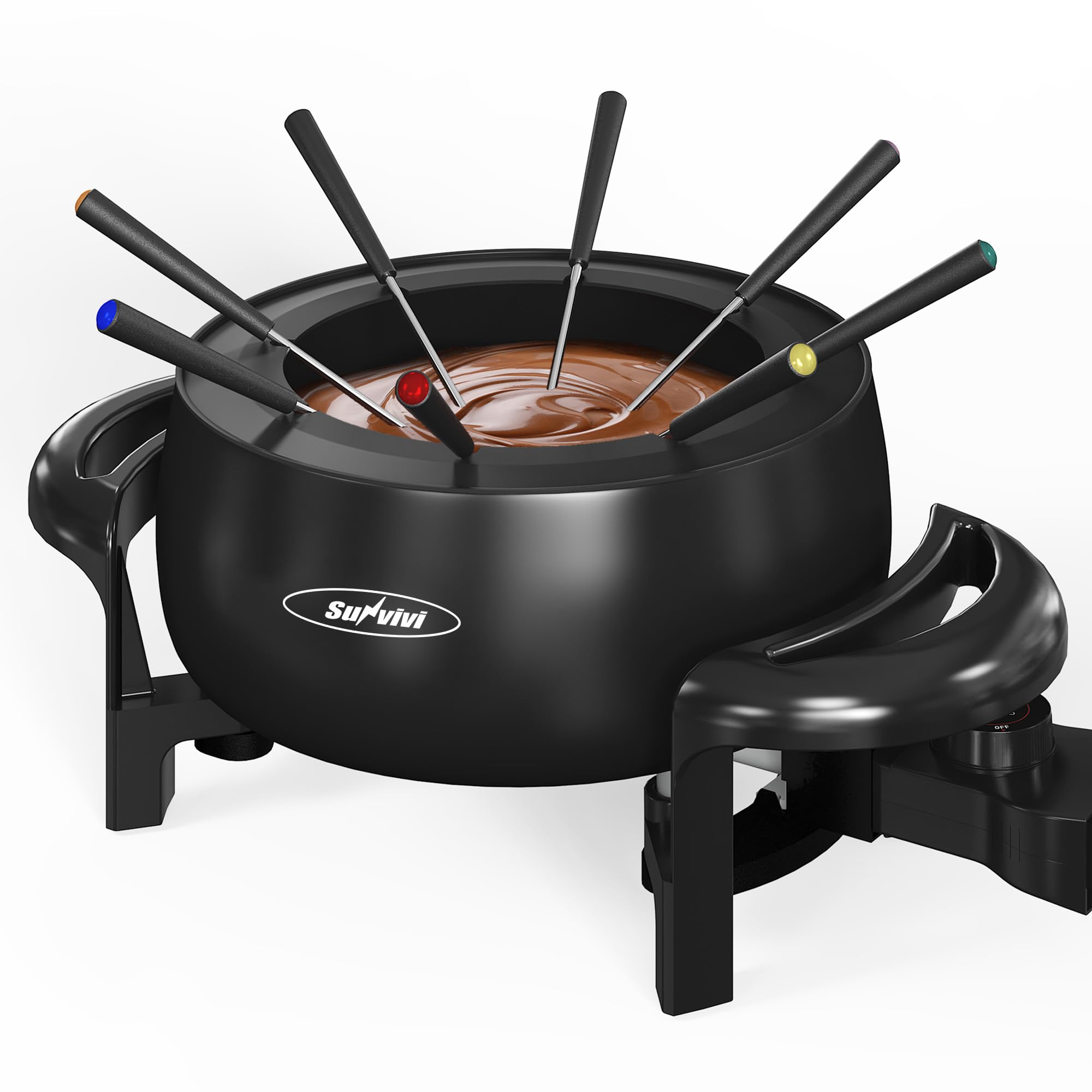 Sunvivi 3 Quart Electric Fondue Pot Set - Adjustable Temperature Control for Melting Chocolate, Cheese, Oil & Broth - 1000W Non-Stick Fondue Maker with 8 Color-Coded Forks - Perfect for Parties, Desserts & Family Gatherings