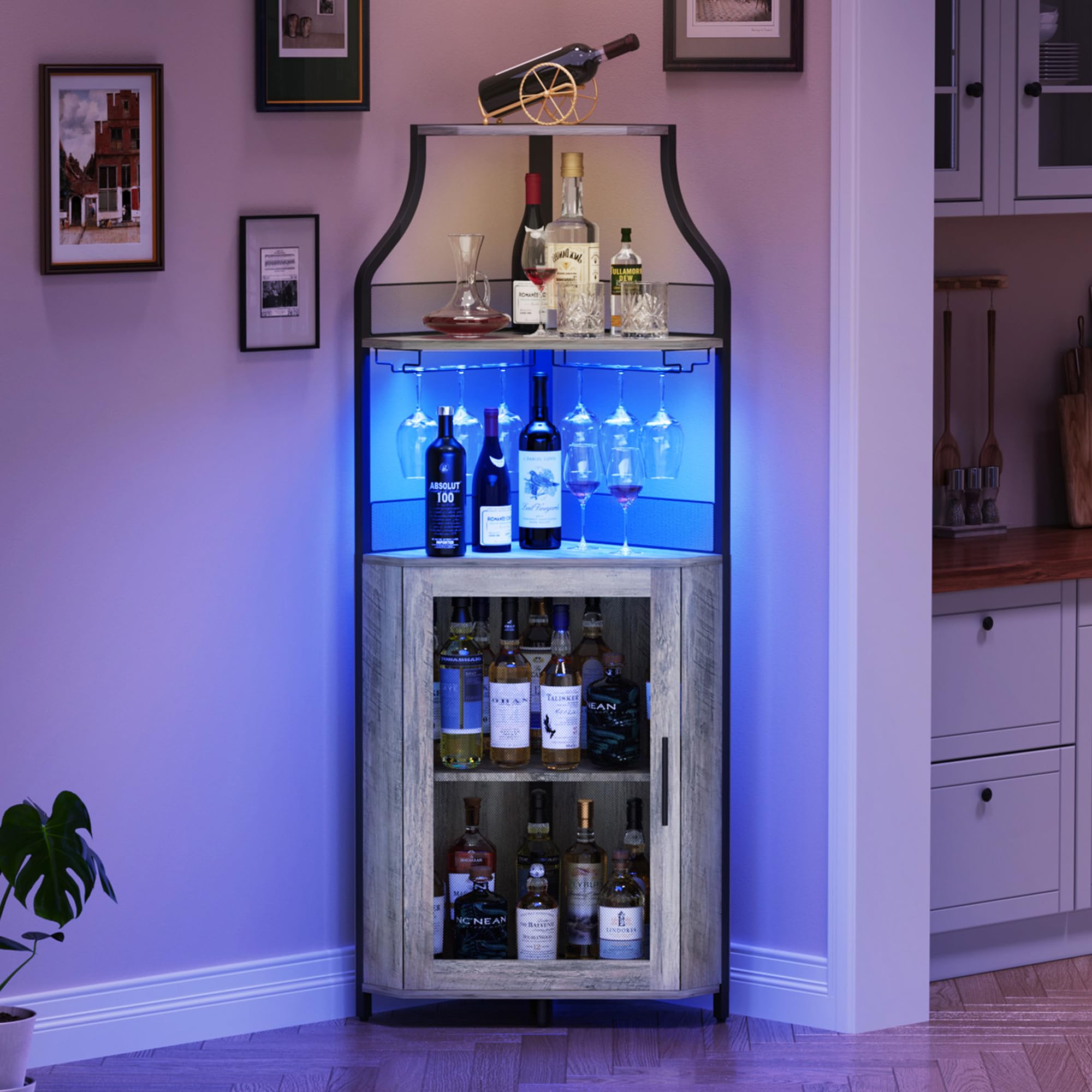 5-Tier Industrial Wine Cabinet with LED Lights & Glass Holder - Adjustable Shelf, Mesh Door - Modern Corner Bar Cabinet for Home, Kitchen, Dining Room - Grey