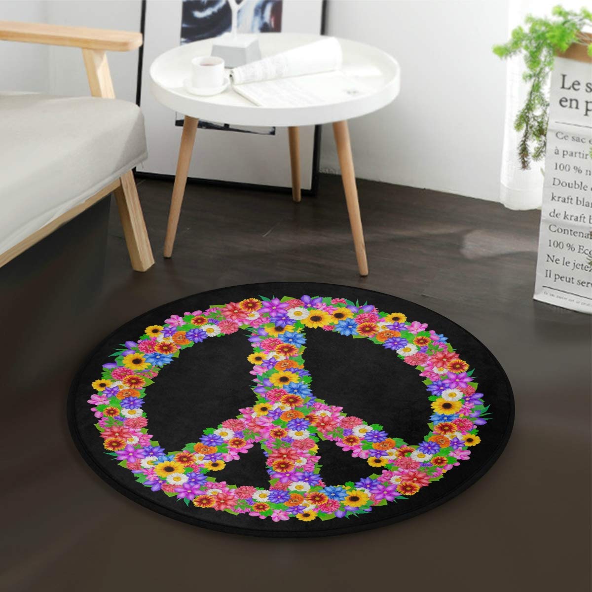 ALAZA Peace Sign Flower Black Round Area Rug - 3' Diameter (92 cm) Soft Non-Slip Floor Mat for Living Room, Bedroom, Dorm | Boho Home Decor, Hippie Style Accent Rug for Teens Room & Meditation Space