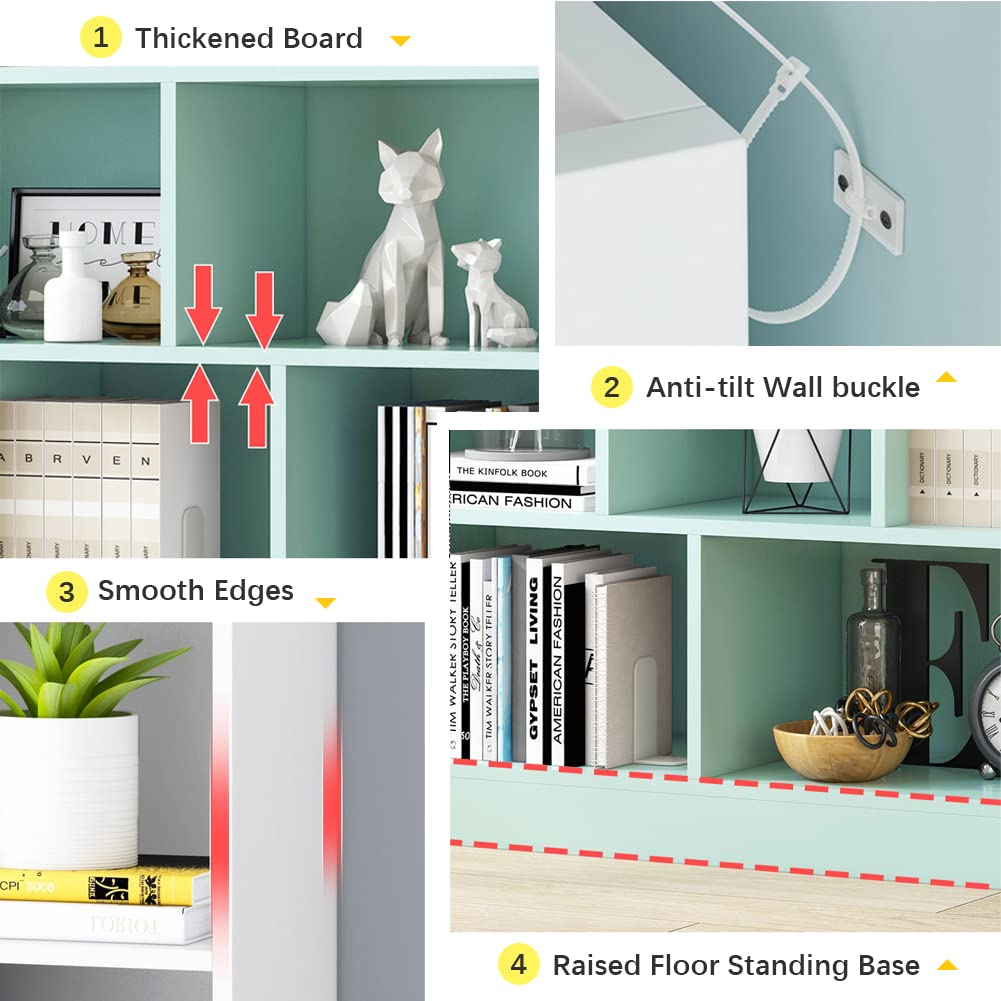 IOTXY 3-Tier Open Shelf Bookcase - Wooden Short Horizontal Bookshelf with 10 Cubes, Floor Standing Display Cabinet Organizer with Base in Pear Yellow - Perfect for Living Room, Bedroom, Office & Kids Room Storage
