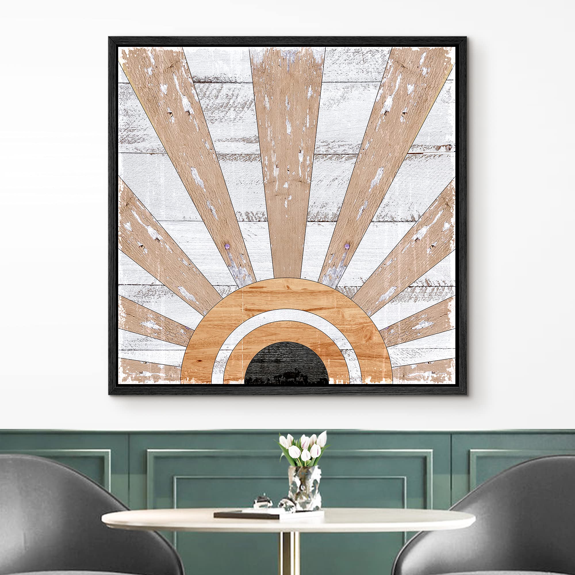 IDEA4WALL Framed Canvas Print Wall Art - Western Decor Shining Sunlight Woodblock Display, Abstract Geometric Wood Panels, Modern Bohemian Warm Art for Living Room, Bedroom, Office - 24