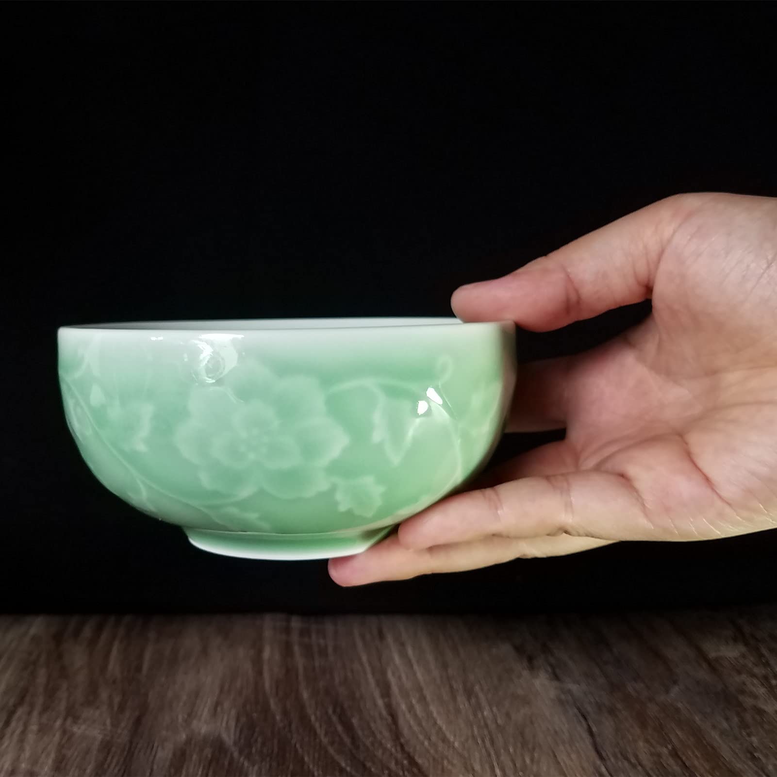 4.5 Inch Chinese Porcelain Rice Bowl with Hand-Painted Peony Design - Light Green Asian Dinnerware for Home Dining & Restaurant Use