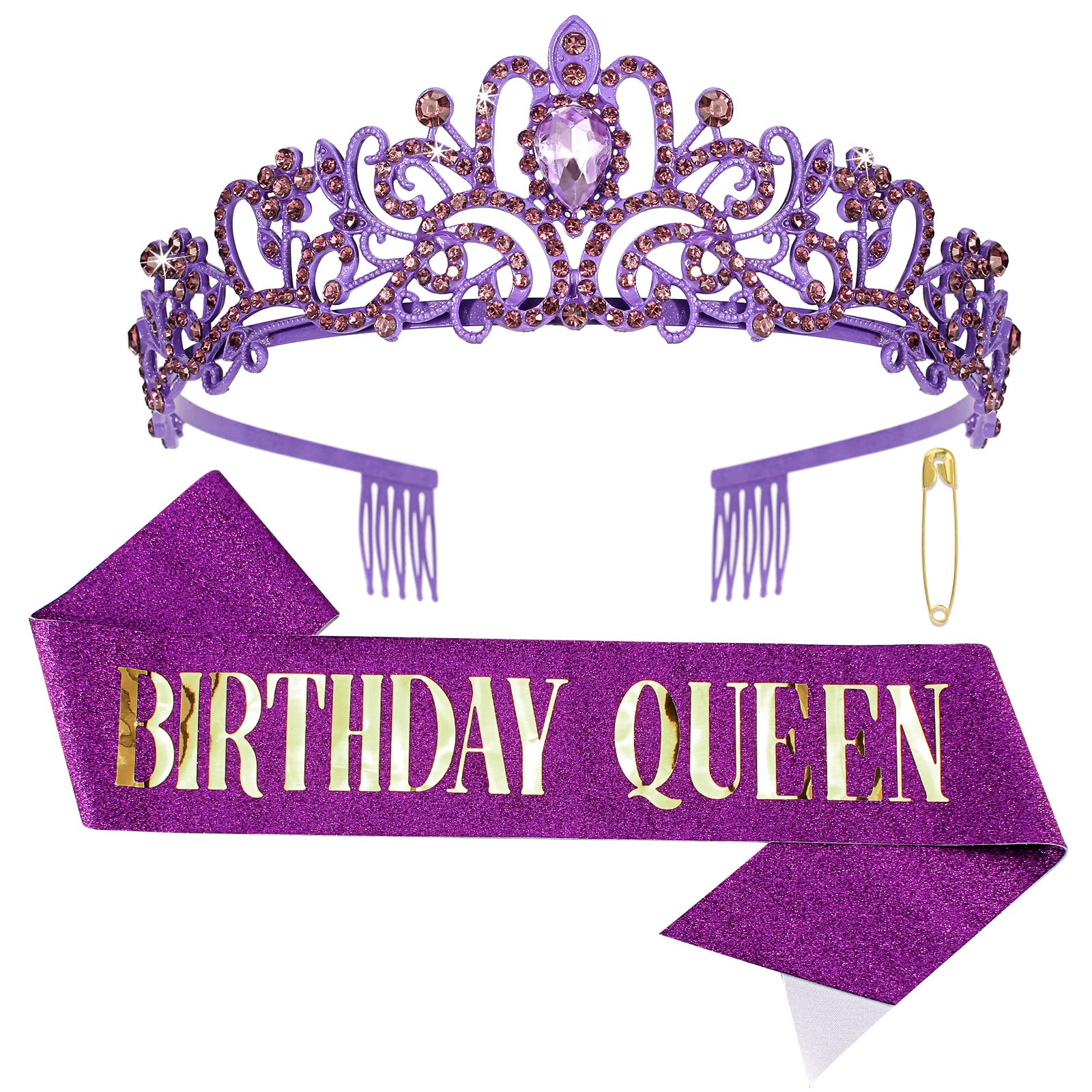 CIEHER Purple Birthday Sash & Queen Crown Kit - Elegant Purple Tiara & Crown for Women & Girls - Perfect for Birthday Parties, Quinceañeras, Bachelorette & Royal Themed Events