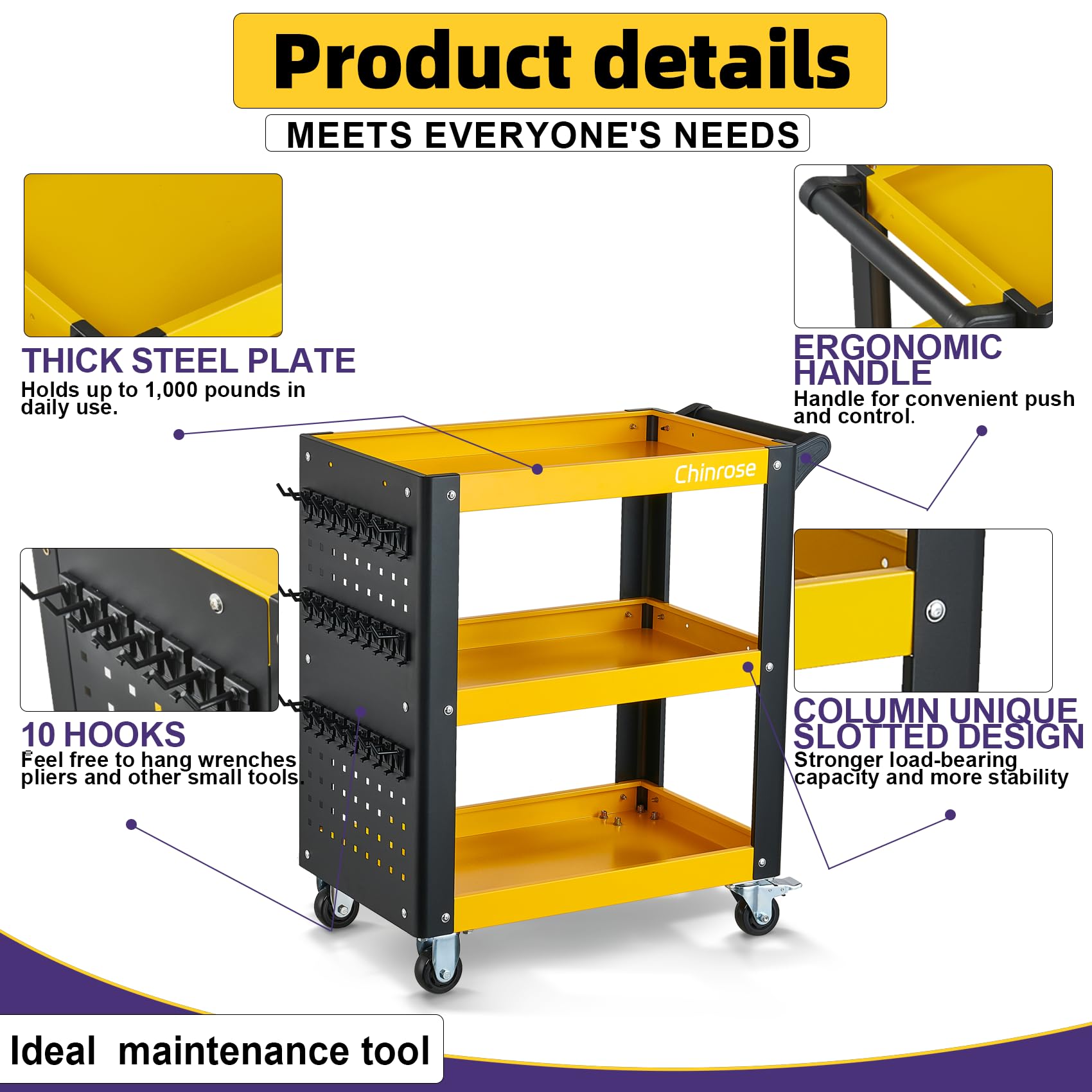 3 Tier Heavy Duty Steel Tool Cart - Rolling Utility Cart for Mechanics, Garage, Workshop & Warehouse | Perfect for Organizing Tools, Equipment & Supplies in Repair Shops & Auto Garages