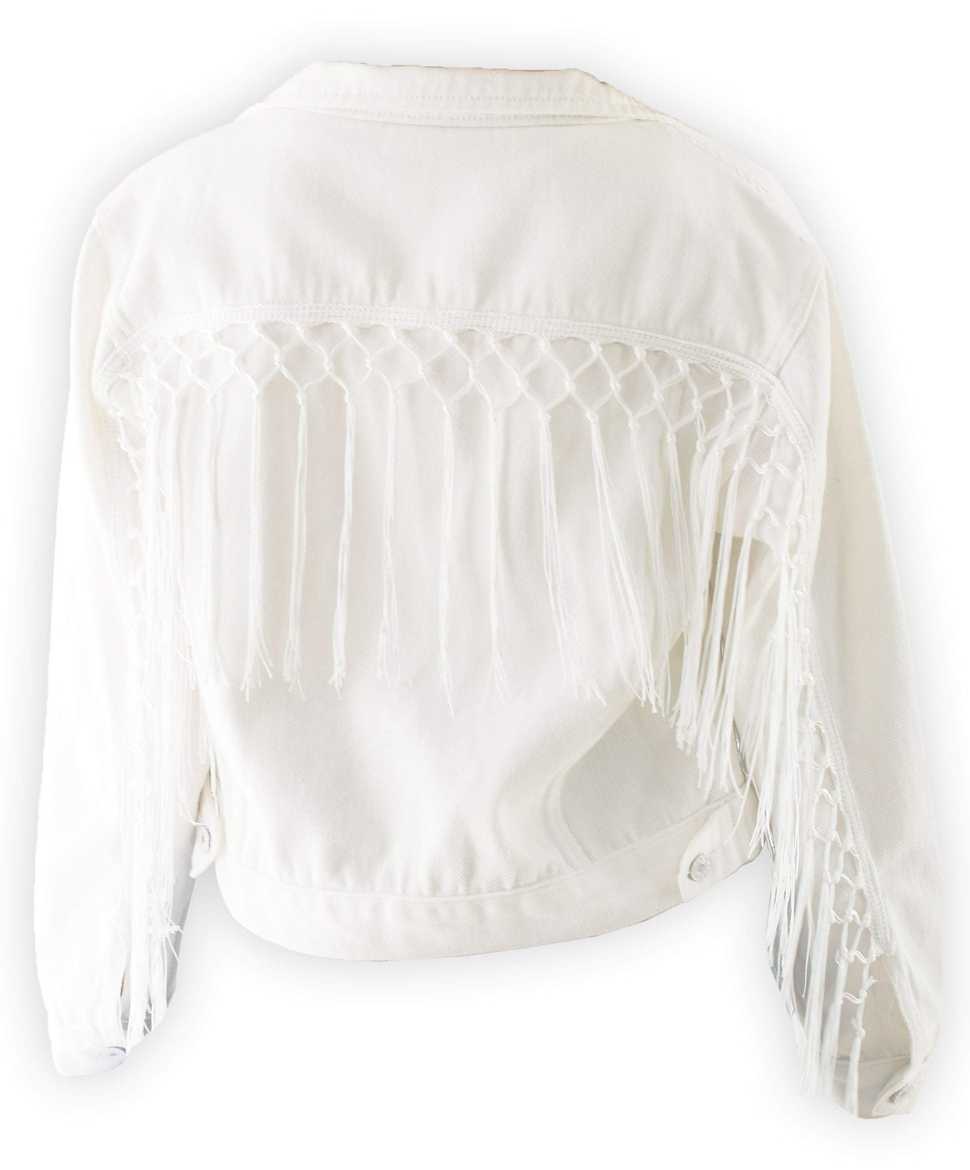 ModParty Women's White Fringe Denim Jacket - Cropped Tassel Trim Jean Jacket for Casual Outfits & Boho Style | Perfect for Music Festivals, Date Nights & Streetwear Fashion