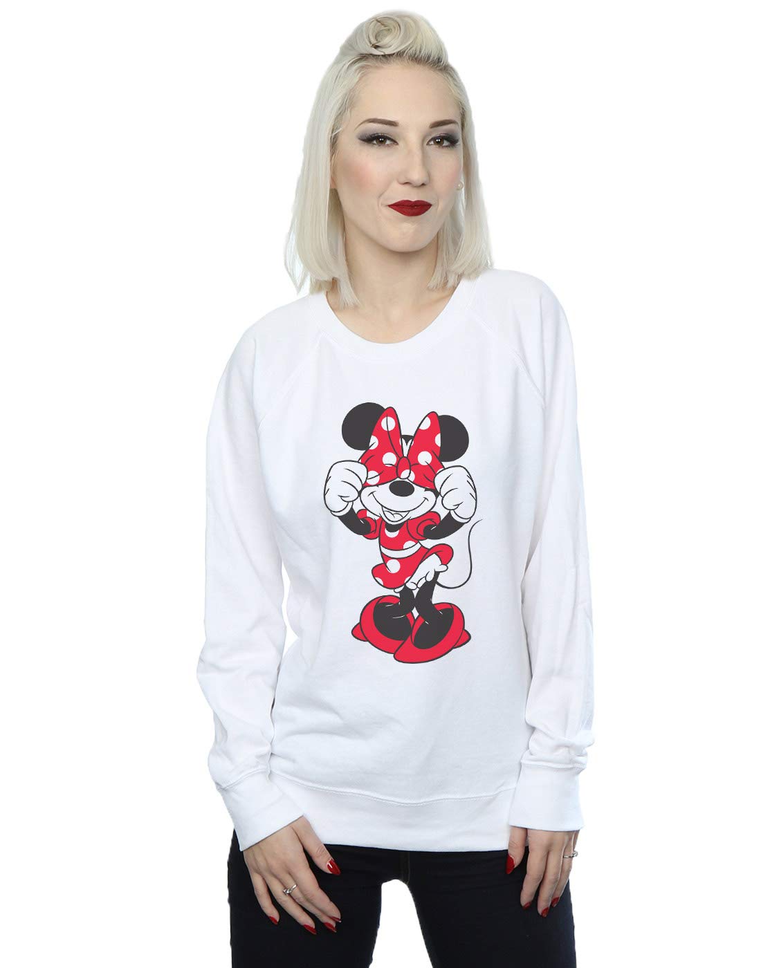 Disney Minnie Mouse Women's Sweatshirt with Bow Eyes - White Medium Size | Cute Casual Wear for Disney Fans, Theme Parks & Everyday Fashion