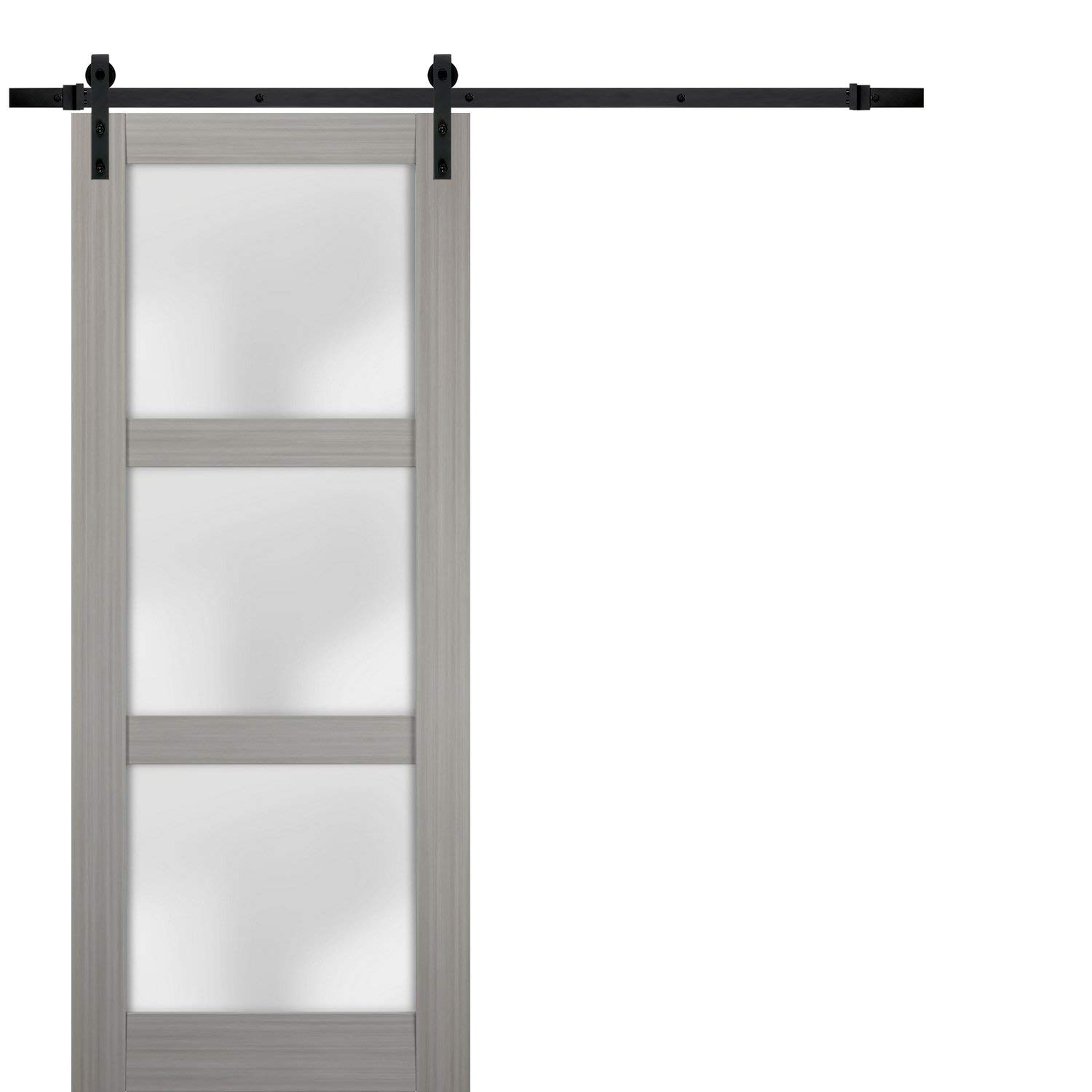 Lucia 2552 Grey Ash 28x96 Inch Frosted Glass Barn Door with 6.6FT Top Mount Rail & Heavy Duty Hangers - Solid Panel Interior Sliding Door for Bedroom, Closet or Farmhouse Style Home Decor