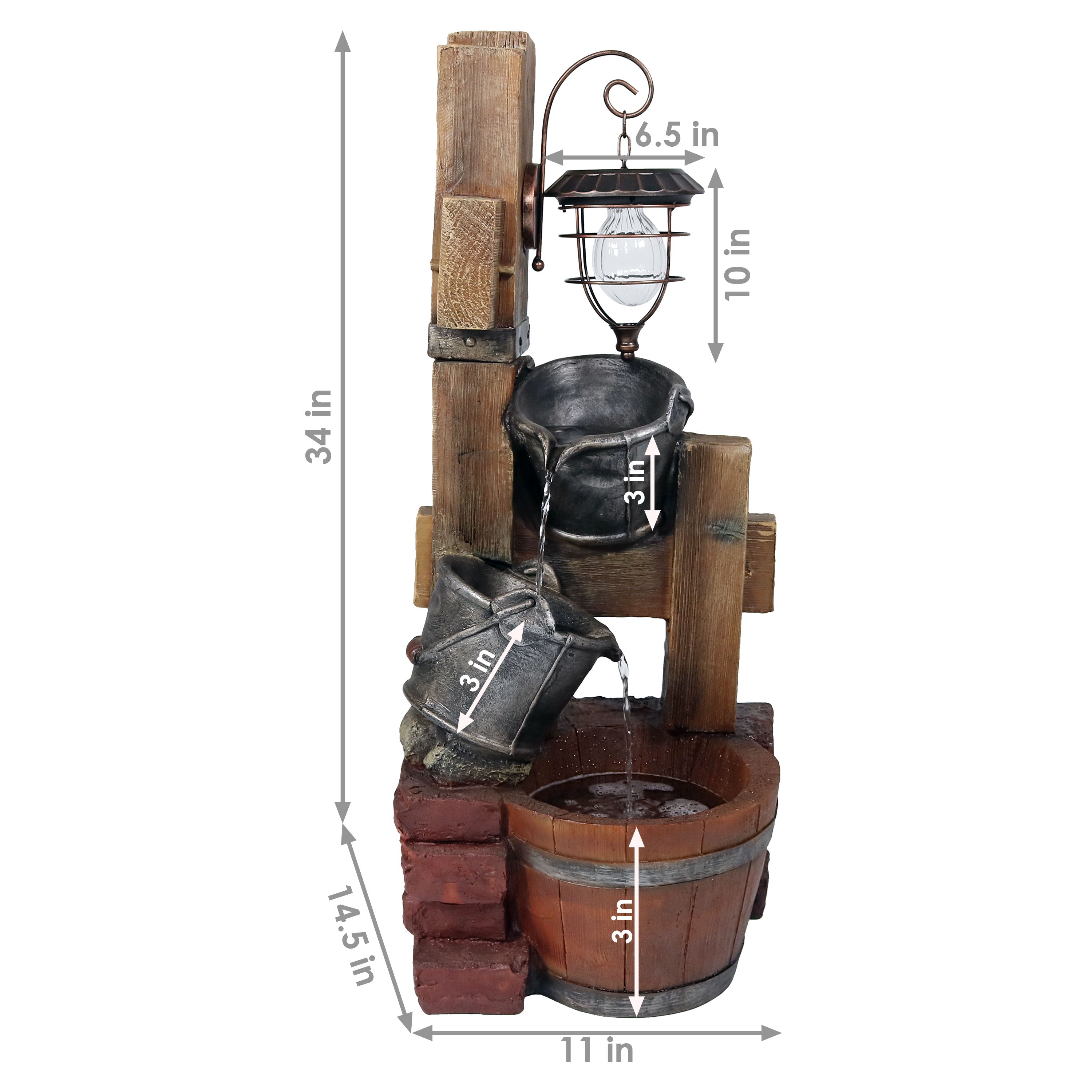 Sunnydaze Rustic Pouring Buckets Outdoor Fountain with Solar Lantern - 34 Inch Garden Water Feature for Patio, Yard & Landscaping Decor