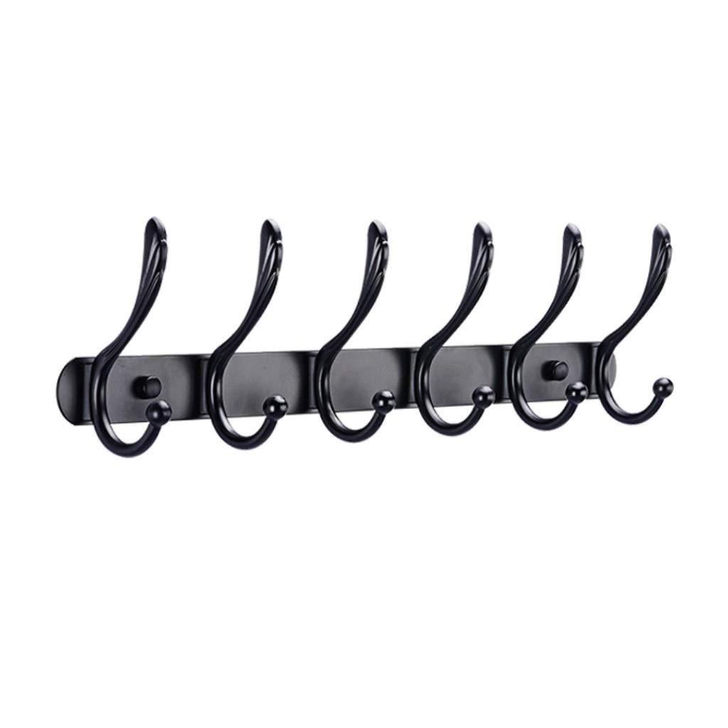 NYKK Wall-Mounted 6-Hook Towel Rack - No Drill Installation, Black Stainless Steel Hooks for Bathroom, Kitchen & Bedroom Organization - Perfect for Hanging Towels, Robes, Clothes & Accessories