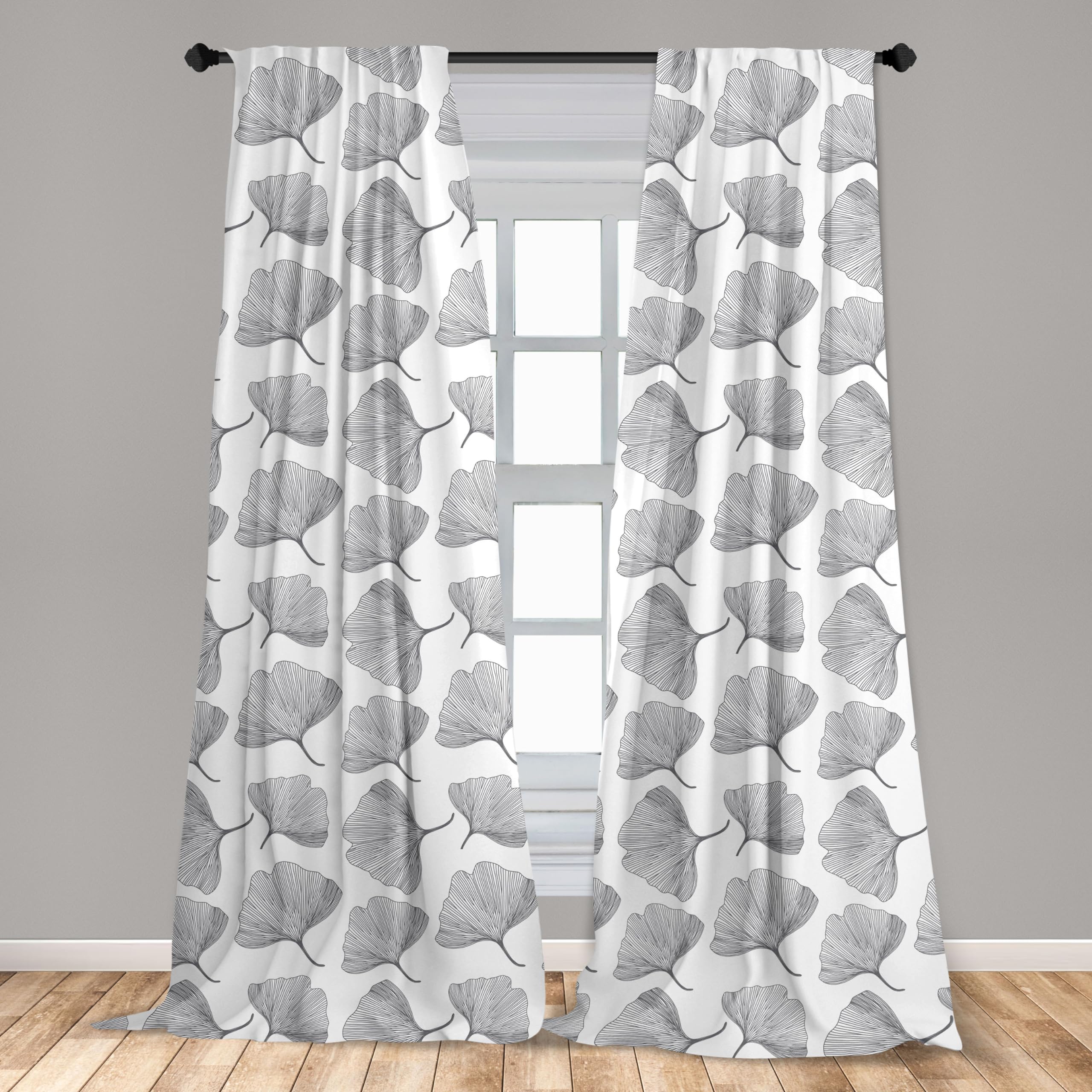 Ambesonne Ginkgo Leaf Window Curtains - Black & White Minimalist Botanical Print, Lightweight 2-Panel Set with Rod Pocket (28