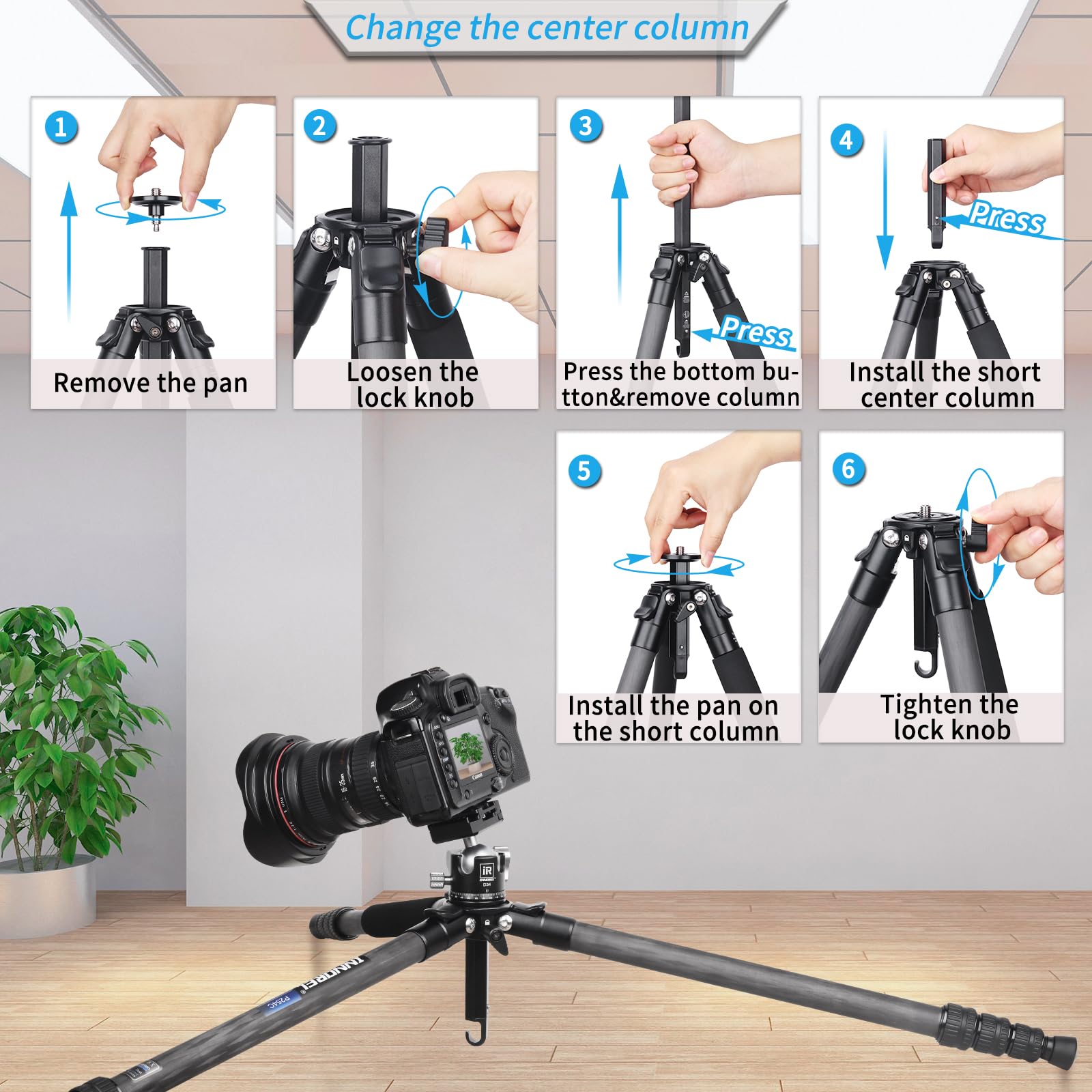 INNOREL P254C Carbon Fiber Compact Lightweight Travel Tripod & Monopod - 25mm Tube Center Column Mount for DSLR Cameras | Perfect for Travel Photography, Hiking & Outdoor Shooting