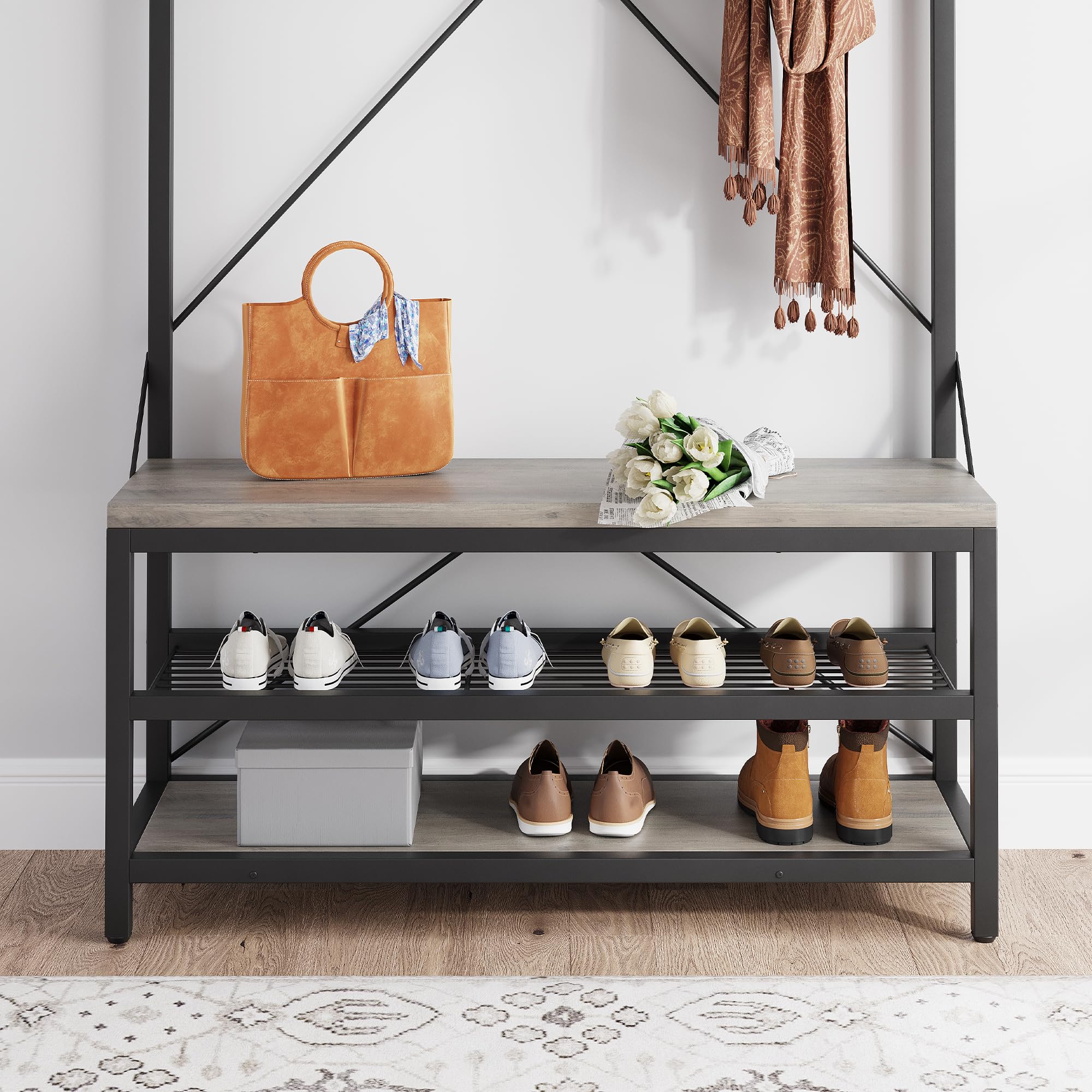 Industrial Coat Rack Shoe Bench with 8 Hooks & Storage Shelf - 39.9