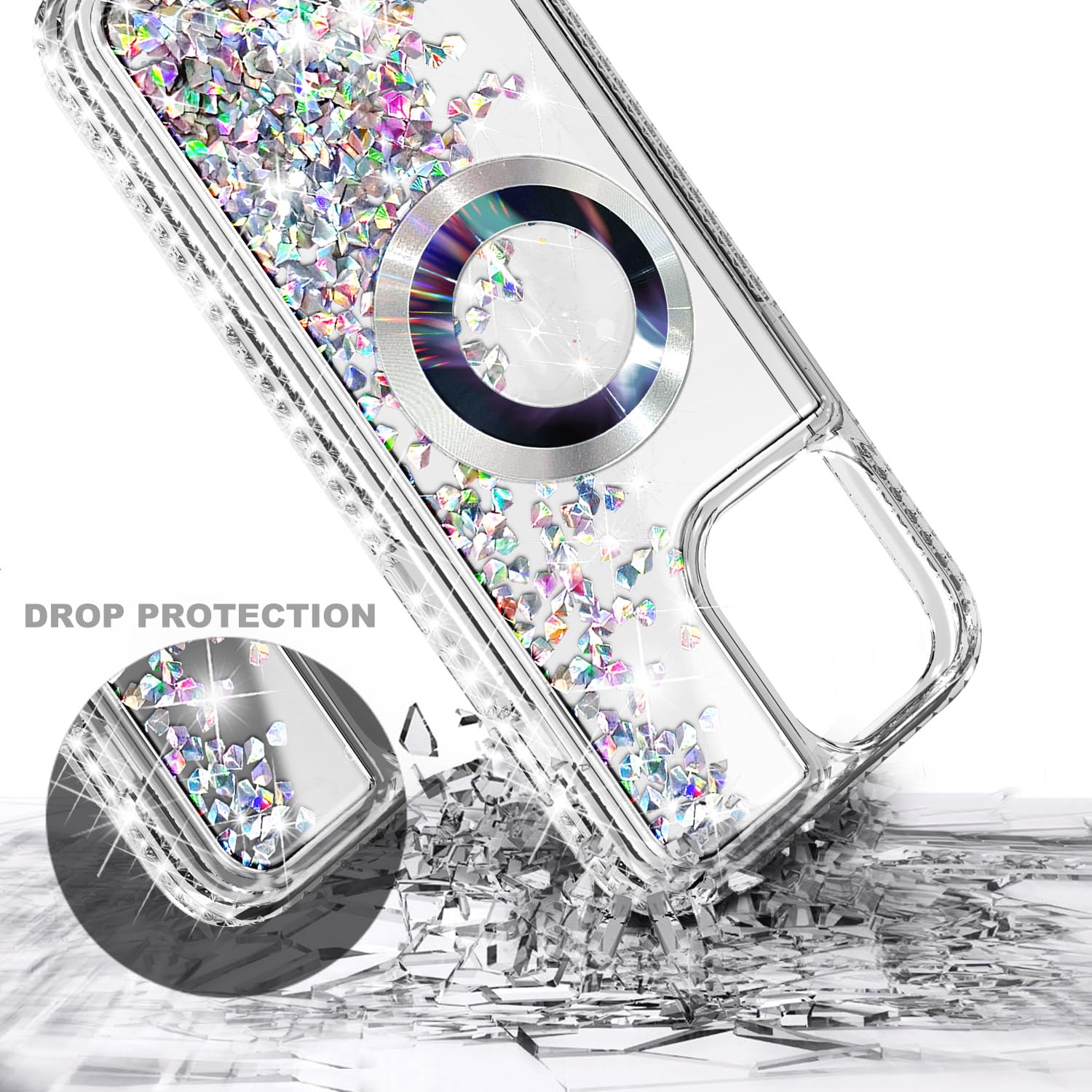 Premium Magnetic iPhone 13 Case with Magsafe Compatibility - Includes Tempered Glass Screen Protector, Camera Lens Cover, Wrist Strap & Floating Glitter Design (Diamond Style) - Perfect for Daily Use, Travel & Fashion Accessory