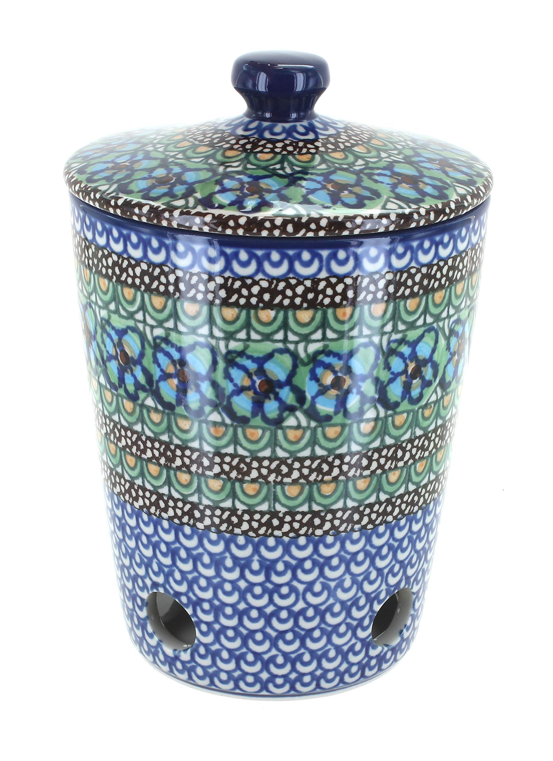 Blue Rose Polish Pottery Mardi Gras Garlic Keeper - Handmade Ceramic Garlic Storage Container for Kitchen, Pantry, or Dining Table Decor