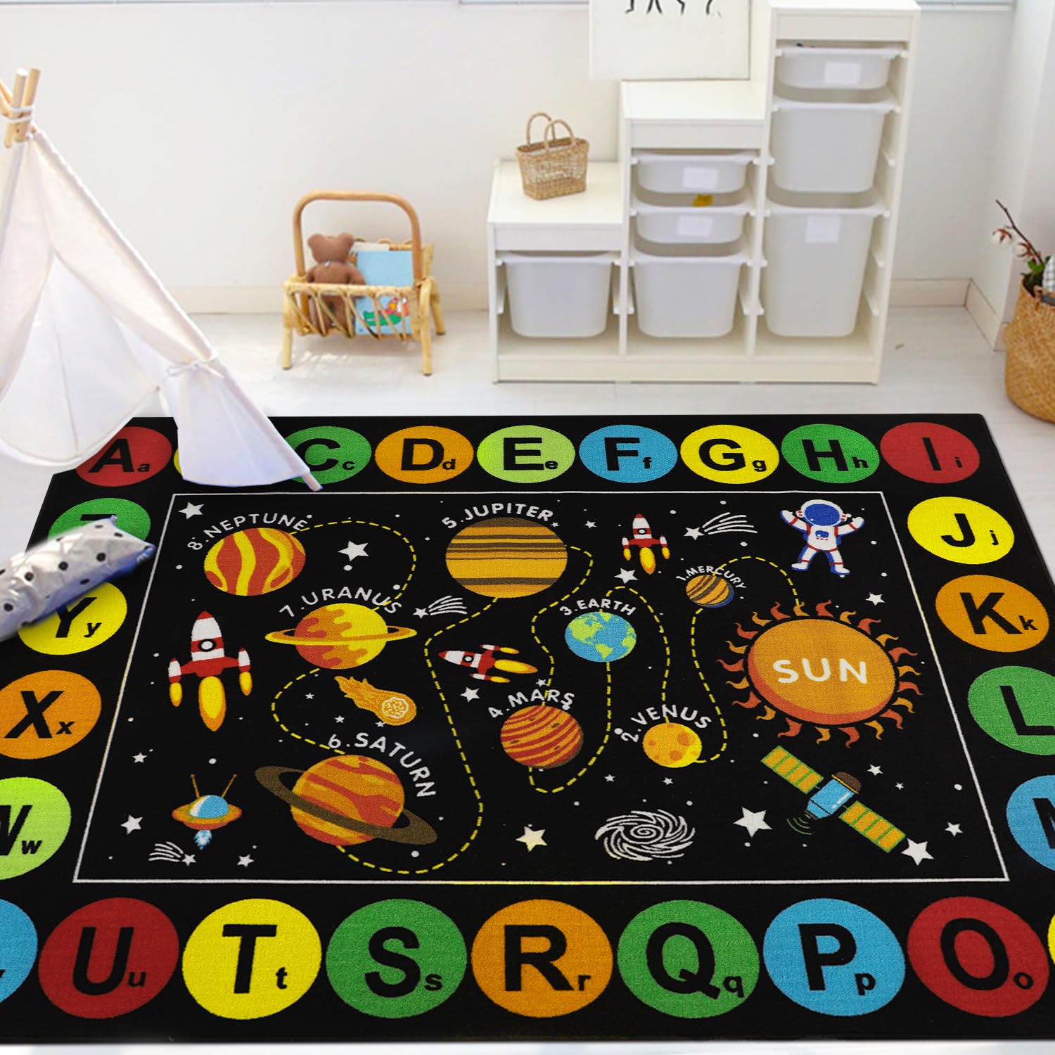 Outer Space Kids Play Mat - Non-Slip ABC Alphabet Rug for Toddlers | Nursery Decor for Bedroom & Playroom