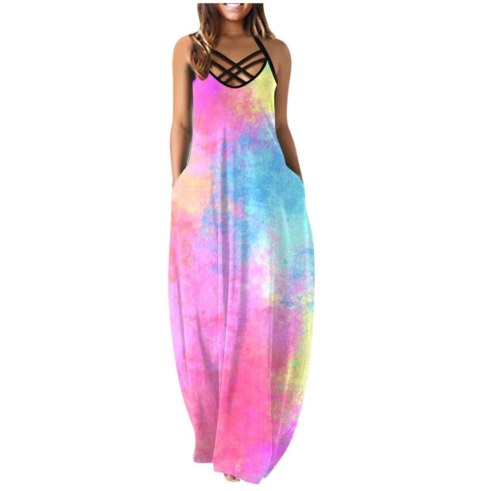 Boho Women's Summer Beach Dress - Sleeveless Spaghetti Strap Maxi Sun Dress with Gradient Print & Pockets | Loose Long Dress for Vacation, Pool Party, and Casual Outings