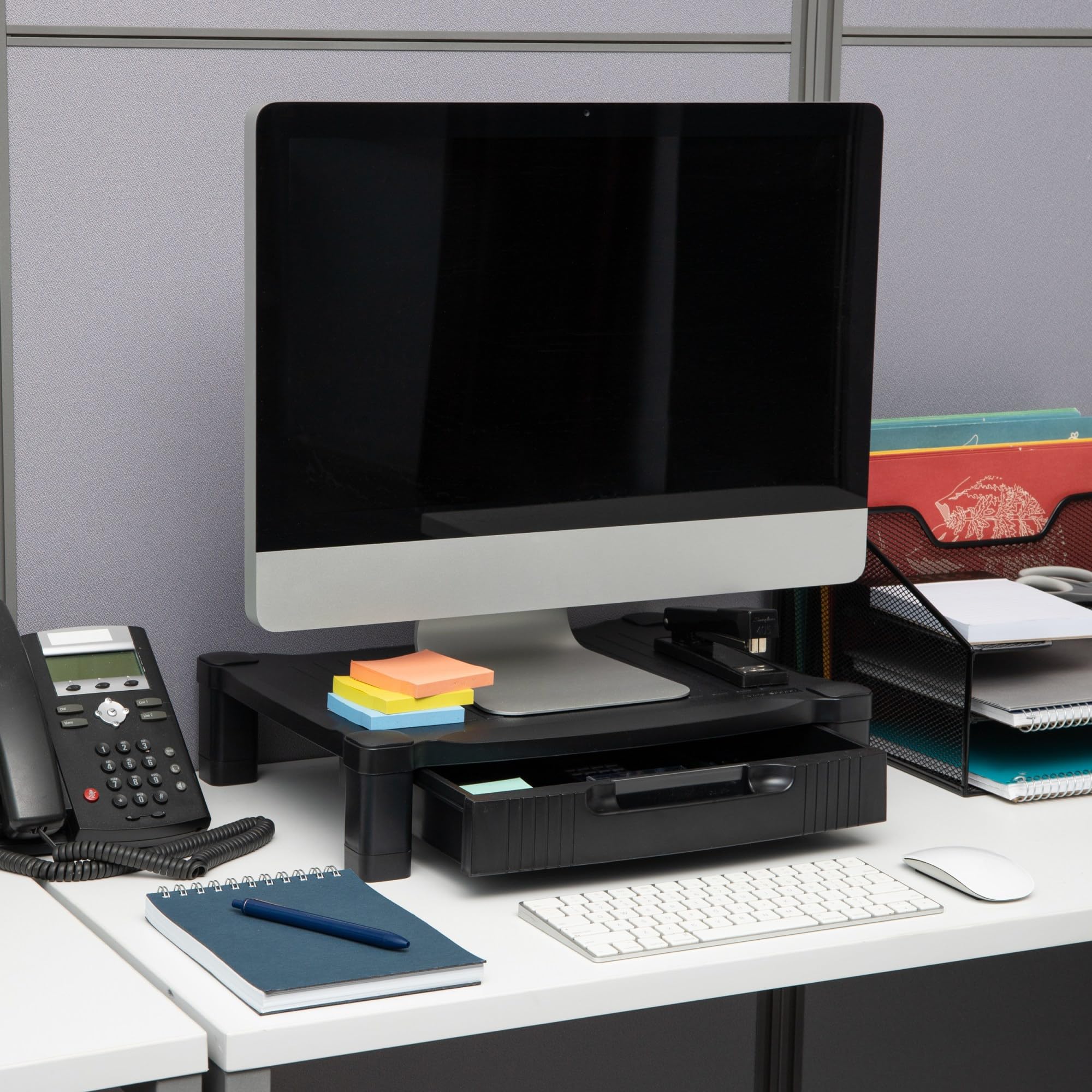 Mind Reader Black Monitor Stand with Storage Drawer - Desktop Organizer & Laptop Riser for Office - 17.2 x 13.2 x 4 Inches (43.8 x 33.7 x 10.2 cm) - Perfect for Workspace Organization & Ergonomic Computer Setup