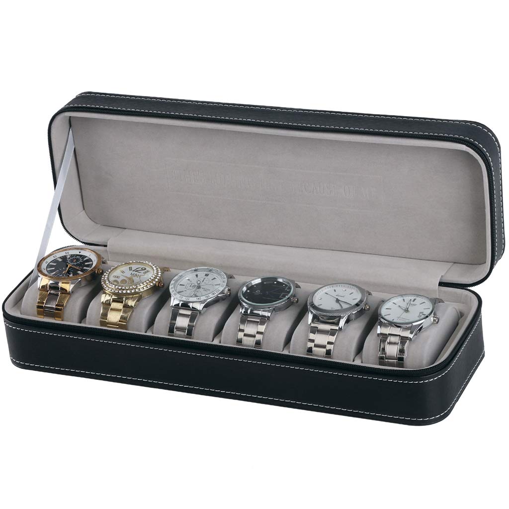 ACO&BEBE 6-Grid Watch Organizer Box with Zippered Closure - Compact Travel Jewelry Case for Watches & Accessories (Black) - Perfect for Business Trips & Vacation Storage
