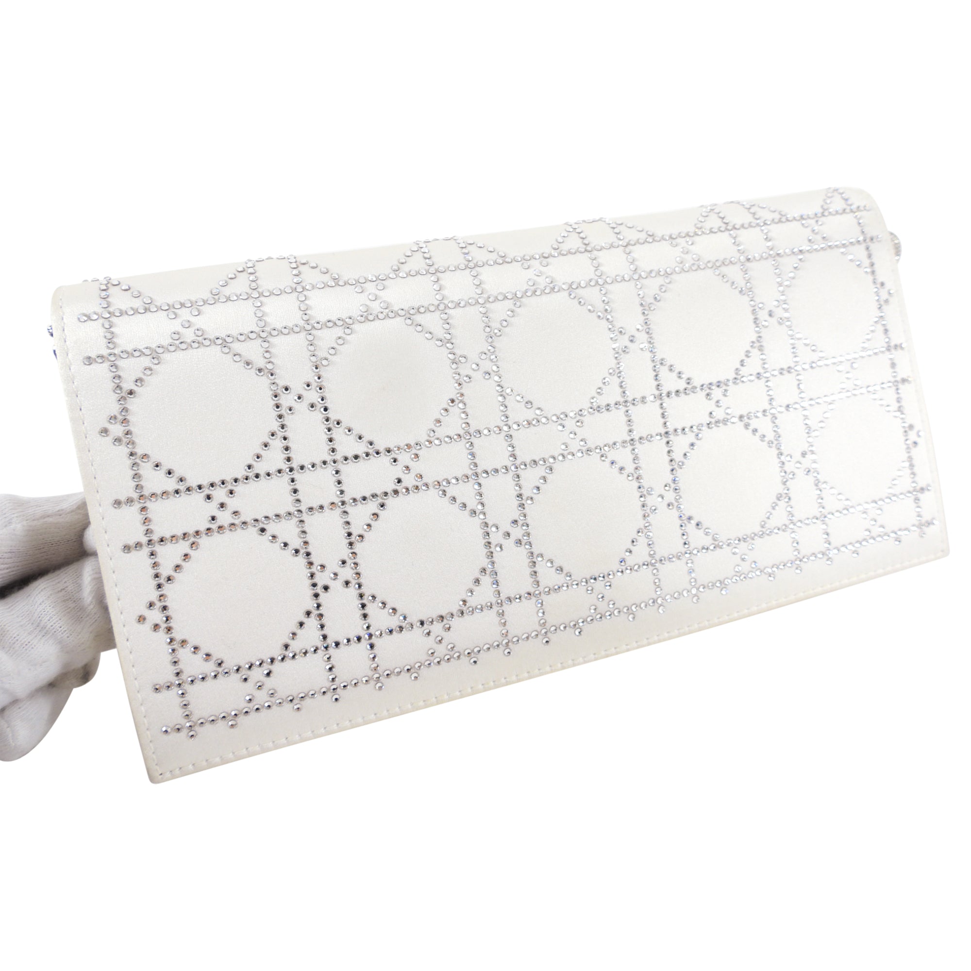 Dior Cannage Crystal Strass White Satin Clutch Shoulder Bag for Women | Elegant Evening Bag for Parties, Weddings & Special Occasions