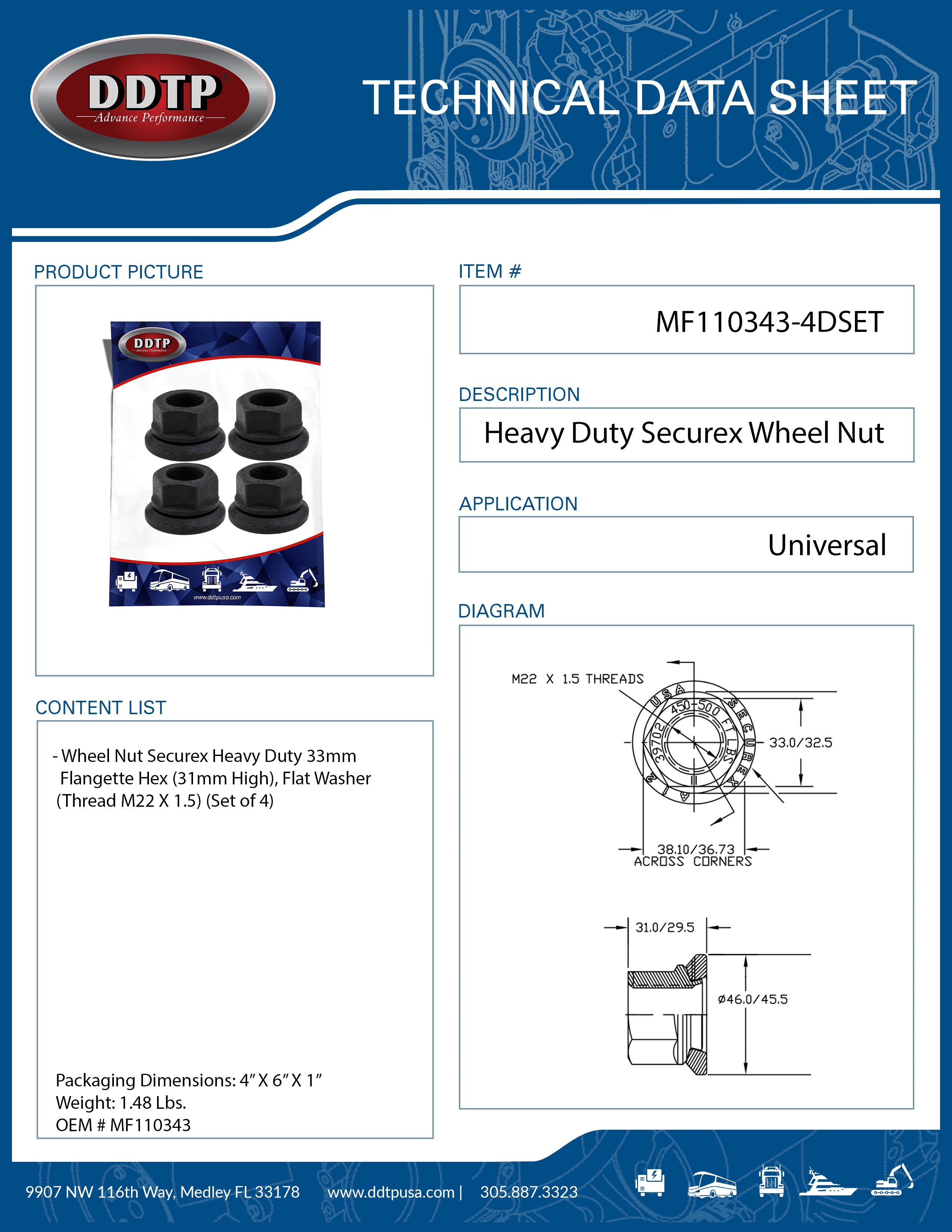 Heavy Duty 33mm Flangette Hex Wheel Nut with Flat Washer - M22 x 1.5 Thread (Set of 4) - Perfect for Truck, Trailer & RV Wheel Security & Maintenance