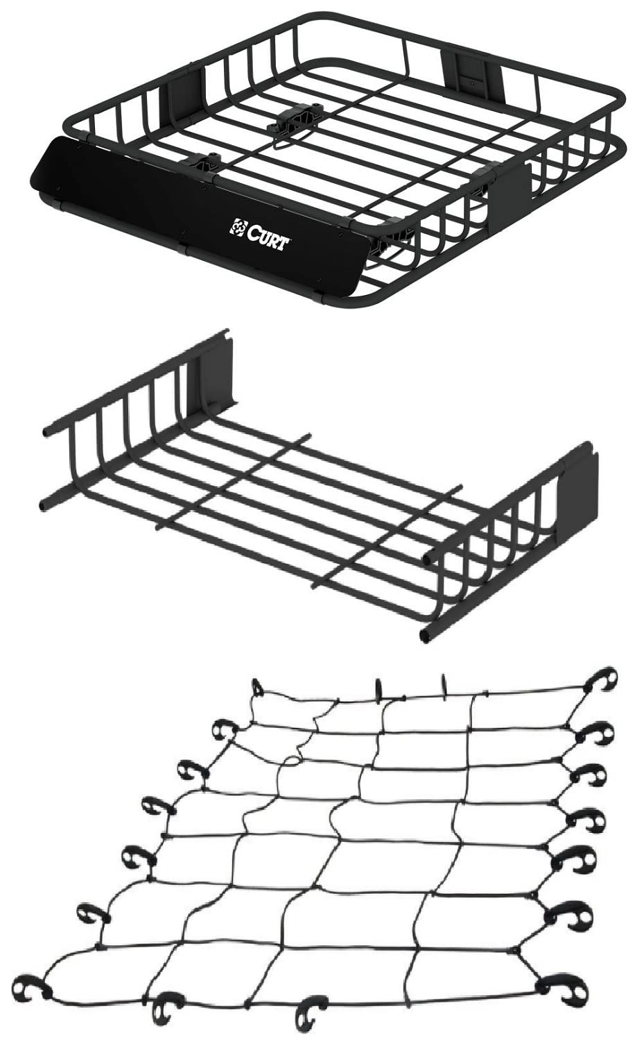 Curt 18115 18117 18201 Black Steel Roof Rack Cargo Carrier with Extension & Elastic Cargo Net - Heavy Duty SUV Truck Roof Storage for Camping, Road Trips, and Outdoor Adventures
