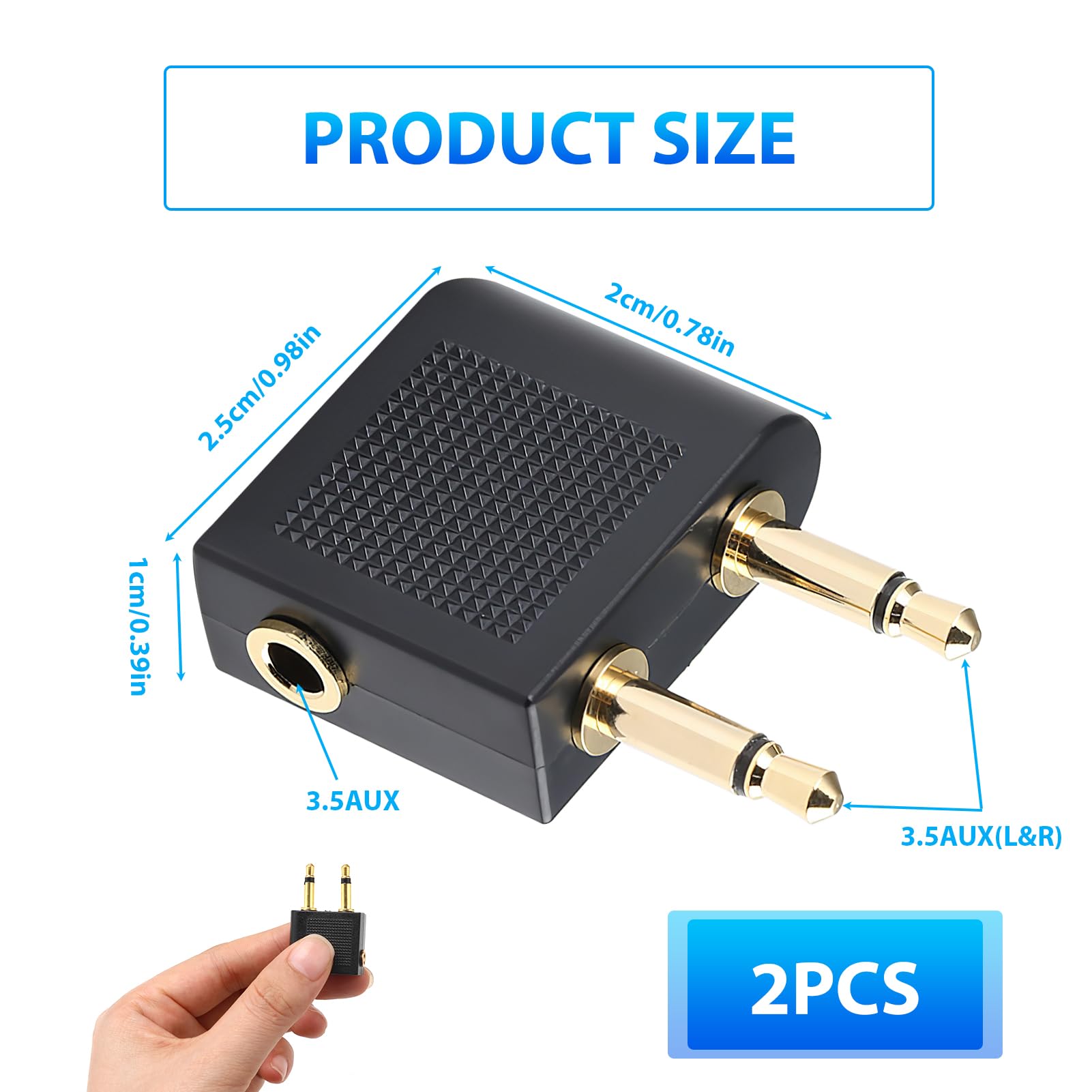 2-Pack Gold Plated 3.5mm Airline Headphone Adapter - 3.5mm Male to 3.5mm Female Stereo Audio Jack Converter for In-Flight Entertainment, Travel & Home Audio Devices