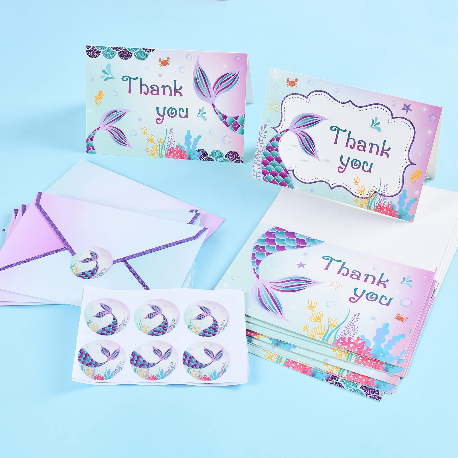 WERNNSAI Mermaid Thank You Cards - 24 Sets with Envelopes for Birthday Gifts & Party Favors