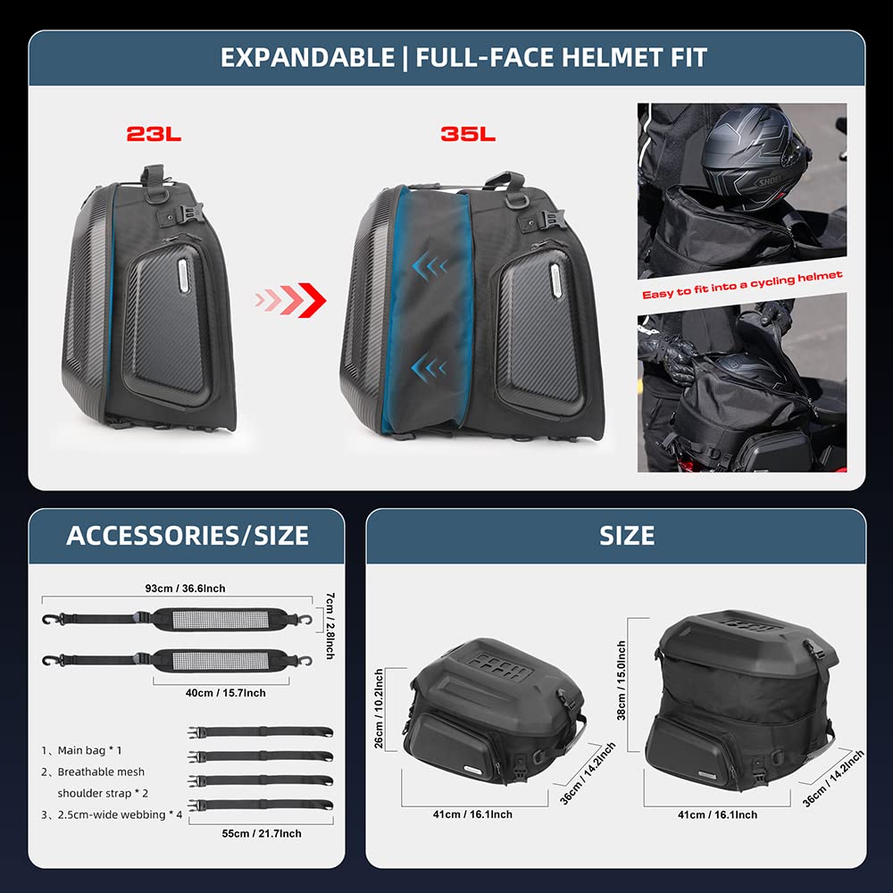 Rhinowalk 35L Expandable Waterproof Motorcycle Tail Bag - All Weather Travel Luggage with Sissy Bar Straps for Trunk & Rack (Carbon Black) - Perfect for Road Trips, Commuting & Adventure Riding