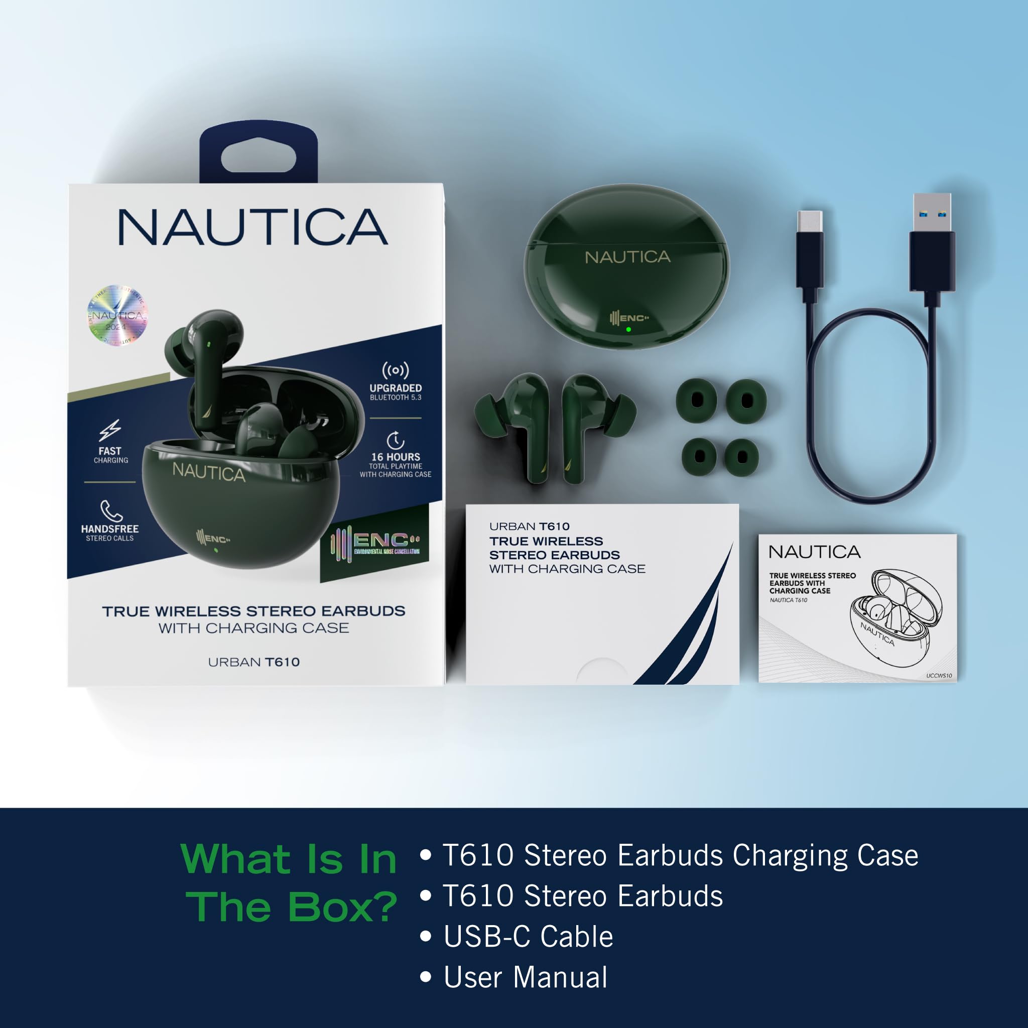 NAUTICA Wireless Earbuds Bluetooth 5.3, 16H Playtime, 4 Mics for Calls, IPX5 Waterproof - Perfect for Workouts & Commuting
