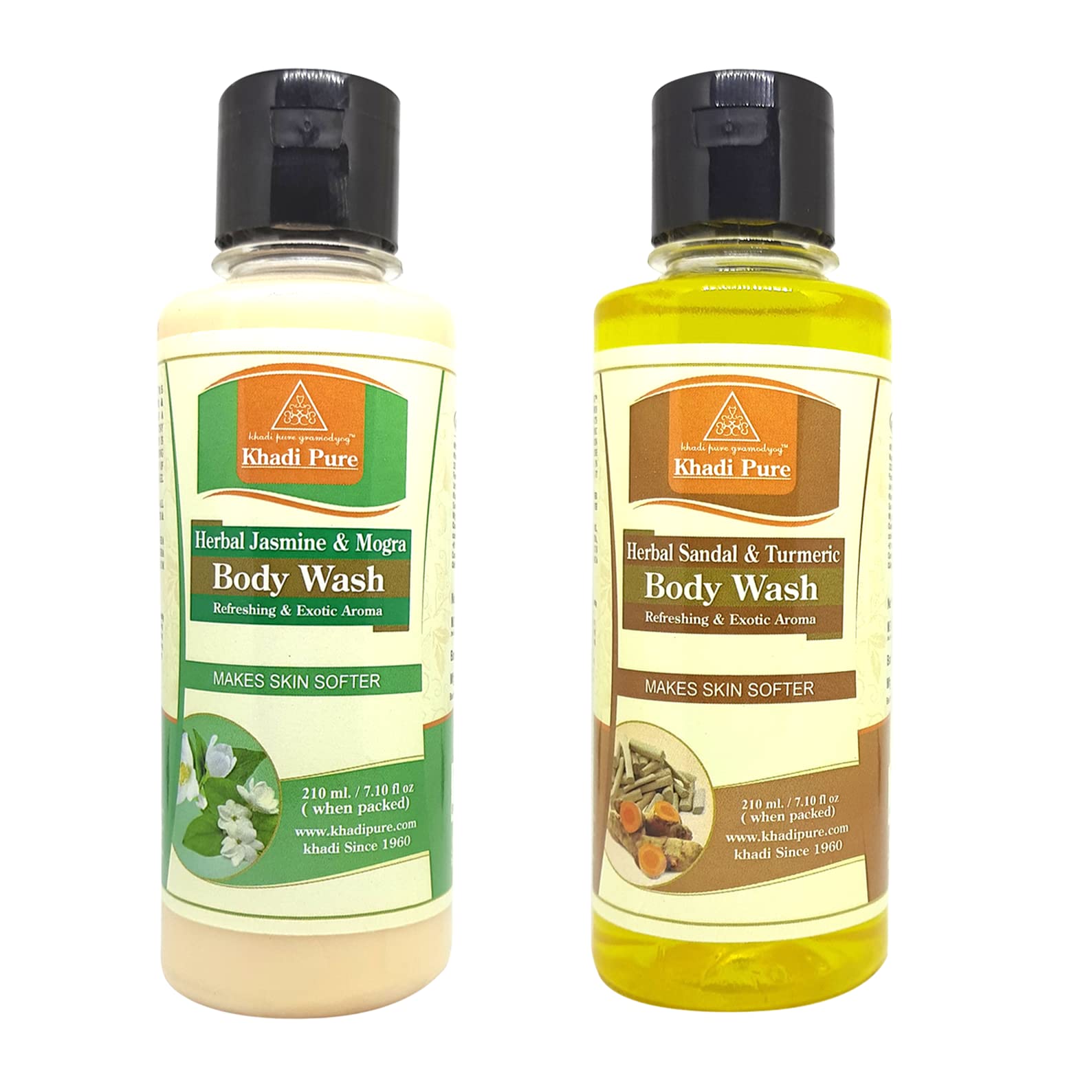 Khadi Pure Jasmine Mogra & Sandal Turmeric Body Wash - 210ml (Pack of 2) | Natural Ayurvedic Cleanser for Glowing Skin | Perfect for Daily Shower & Spa Relaxation at Home