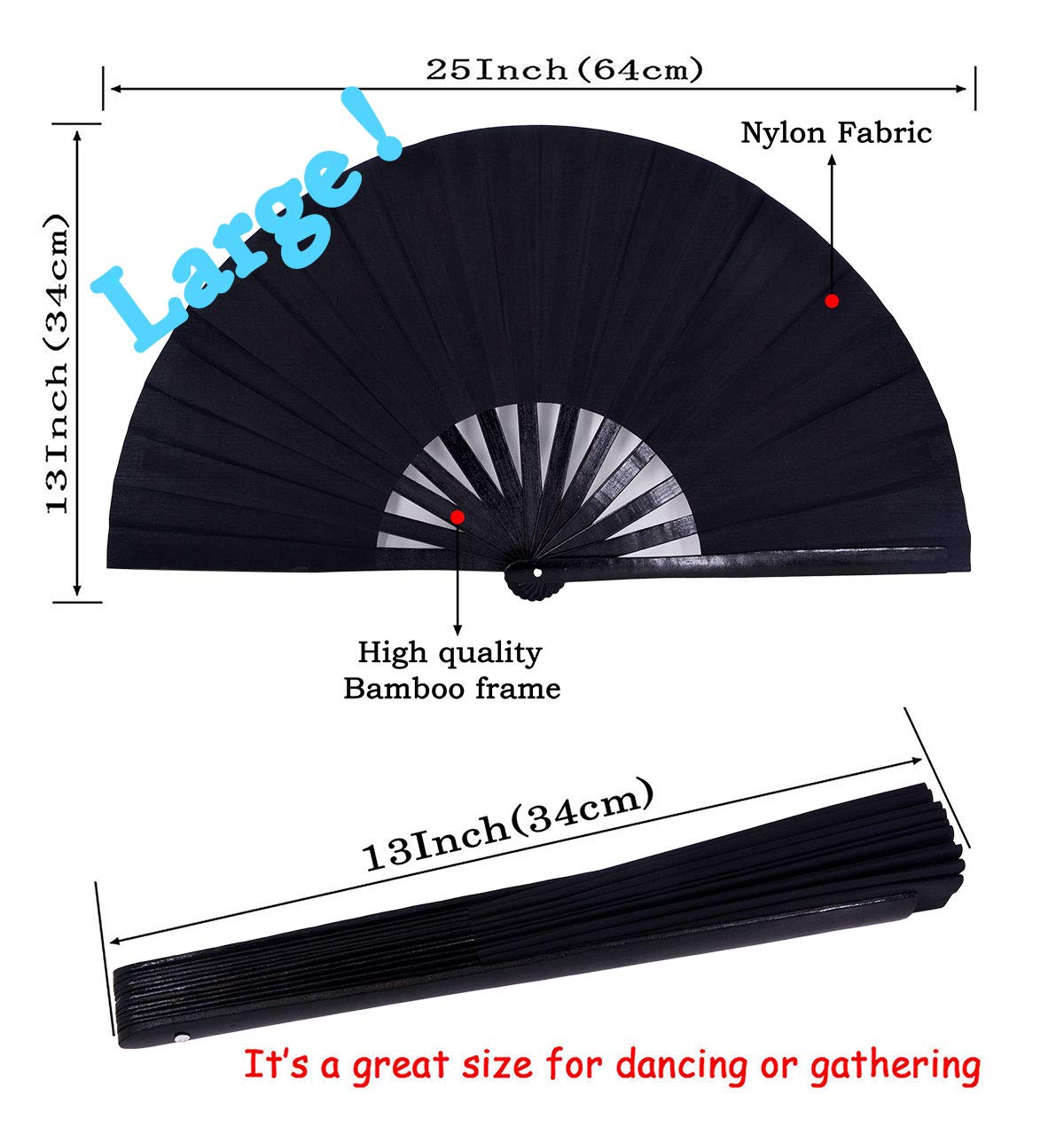 Amajiji Large Folding Hand Fan for Women & Men - Traditional Chinese Japanese Bamboo Nylon Cloth Fan - Perfect for Dance Performances, Festivals, Weddings, Home Decor & Gifts (Black) - Elegant Cooling Accessory for Summer Events & Cultural Celebrations