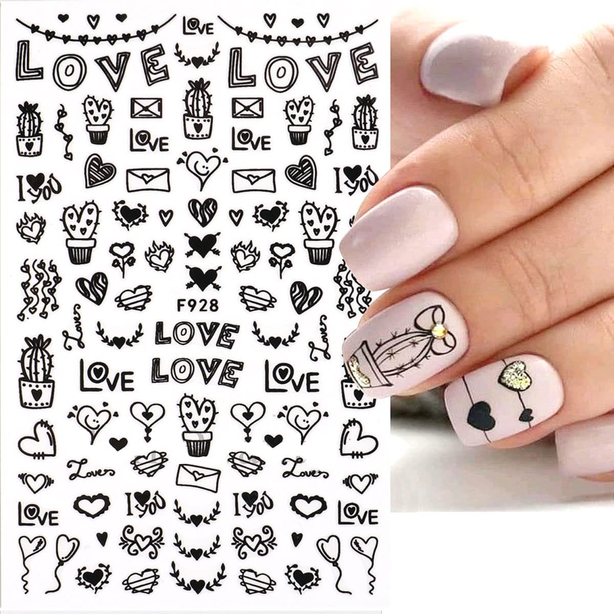Valentine's Day Nail Stickers - Black Heart Nail Art Decals for Women | DIY Nail Design Decoration | 4 Sheets | Perfect for Valentine's Gifts, Date Nights & Romantic Occasions