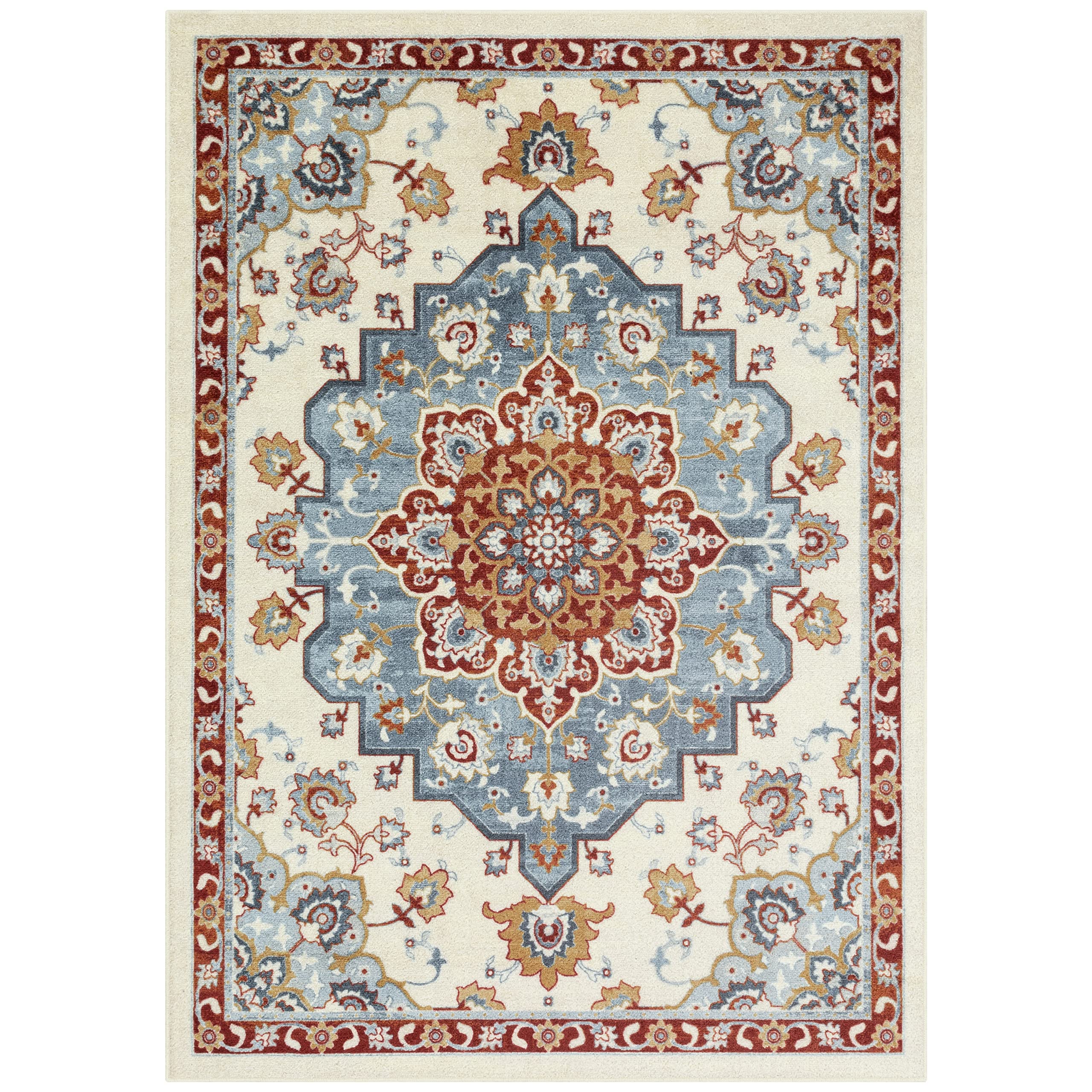 Stina Vintage Medallion Non-Skid Area Rug 5' x 7' - Handmade in USA Blue & Red Persian Design Living Room & Bedroom Carpet - Perfect for Home Decor, Dorm, Office & High Traffic Areas