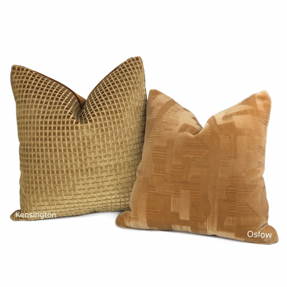 Kensington Honey Brown Small Checks Silk Velvet Pillow Cover - Luxurious Decorative Throw Pillow Case (Fabric by the Yard Available) - Perfect for Sofa, Bedroom & Home Decor