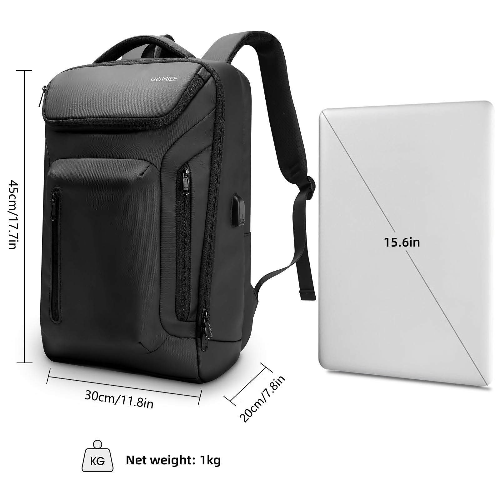 HOMIEE Business Smart Backpack - Waterproof & Slim 15.6 Inch Laptop Backpack with USB Charging Port - Durable High-Tech Daypack for Work, Travel & College - Black    Perfect for Professionals, Students & Commuters - Office, Business Trips & Daily Use