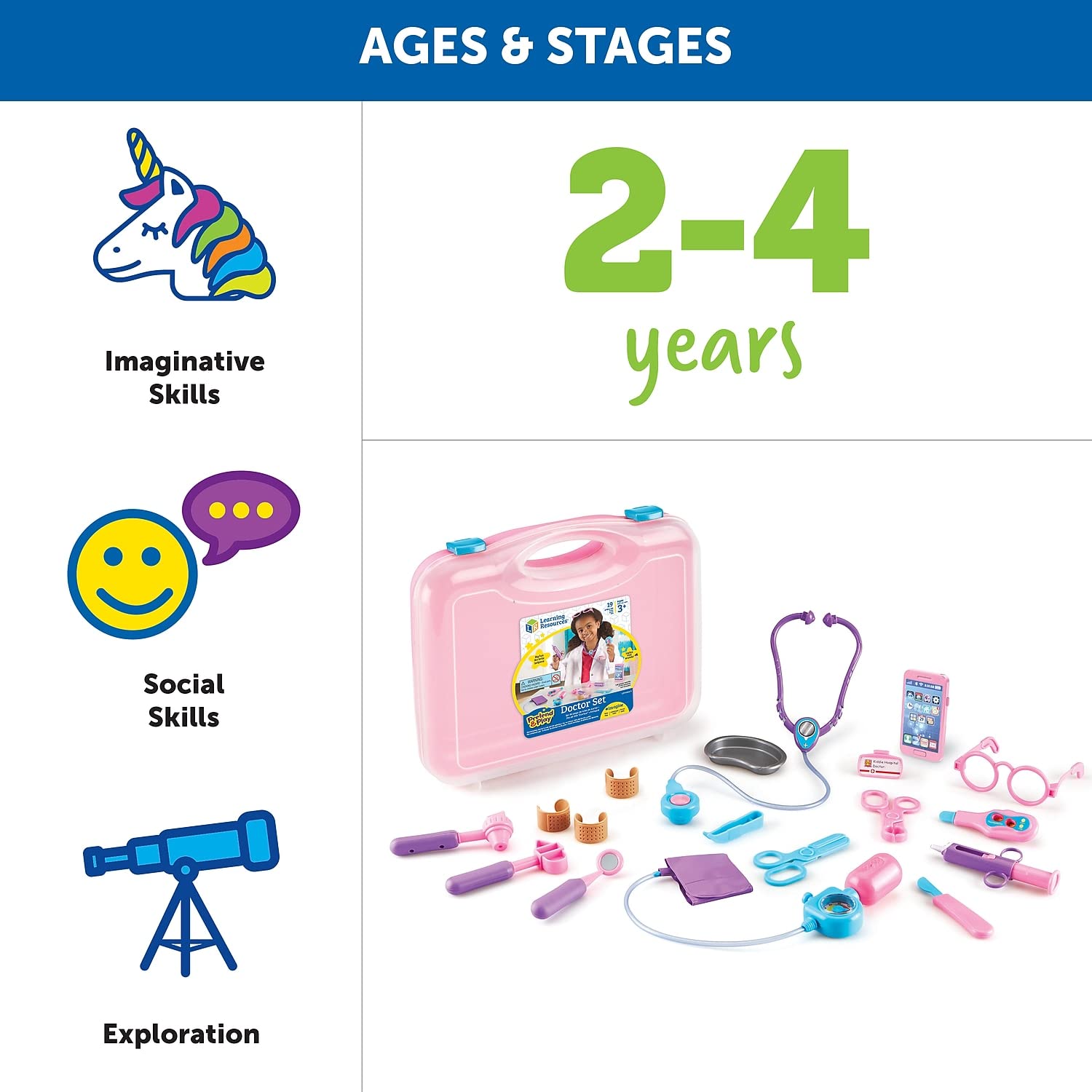 Learning Resources Pretend & Play Doctor Kit - 19 Piece Medical Toy Set for Kids Ages 3+, Pink Doctor Costume with Stethoscope & Medical Tools, Toddler Social Emotional Learning Toys for Role Play & STEM Education