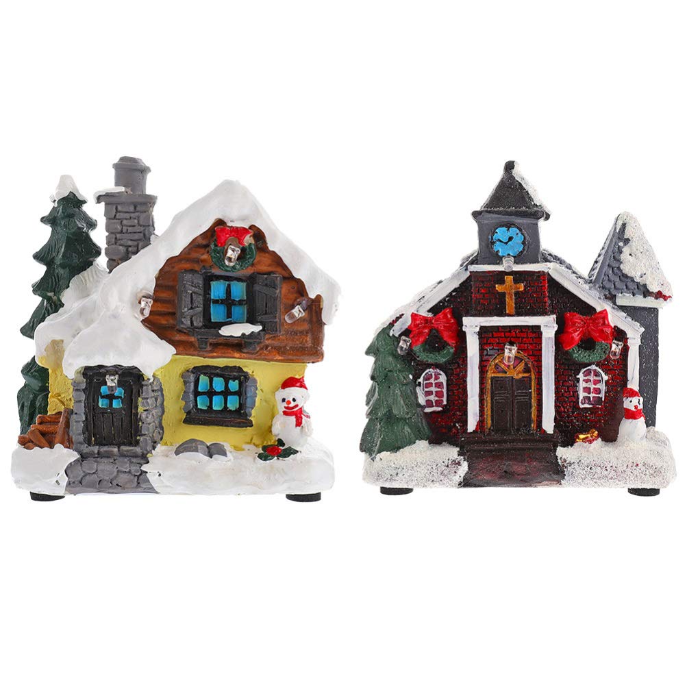 NUOBESTY Christmas LED Lighted Village Houses - Resin Snow House Figurine with Glowing Effect for Xmas Desktop Decor (Battery Not Included) - Perfect for Holiday Home Decor, Office Display & Winter Wonderland Scenes