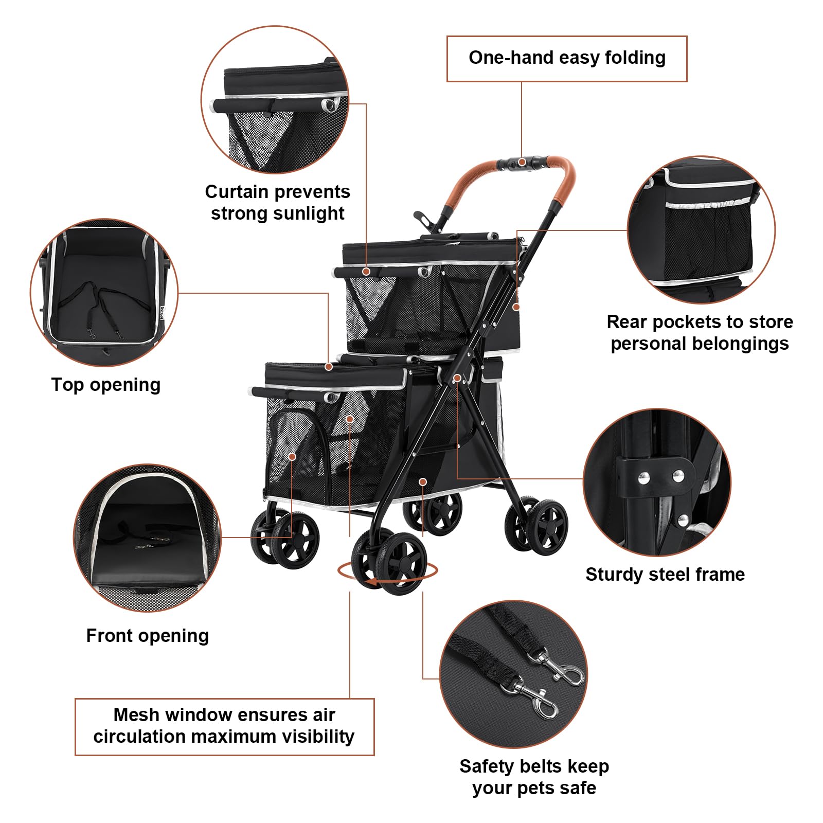 Double Pet Stroller for Dogs and Cats - Foldable 4-Wheel Travel Carrier for Small & Medium Pets - One-Hand Operation - Perfect for Park Walks, Vet Visits & Shopping Trips - Black