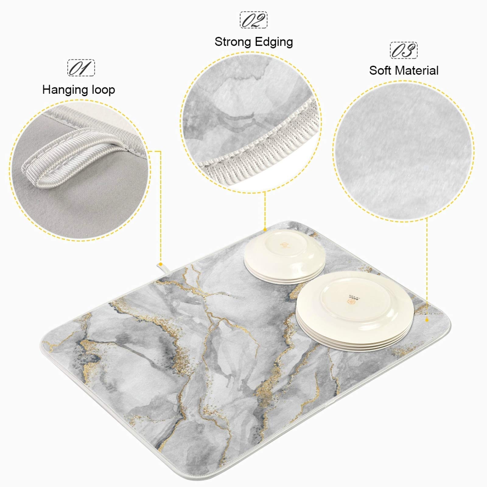 White Marble Dish Drying Mat 16x18 Inch - Absorbent Microfiber for Kitchen Countertops | Perfect for Drying Dishes & Decor