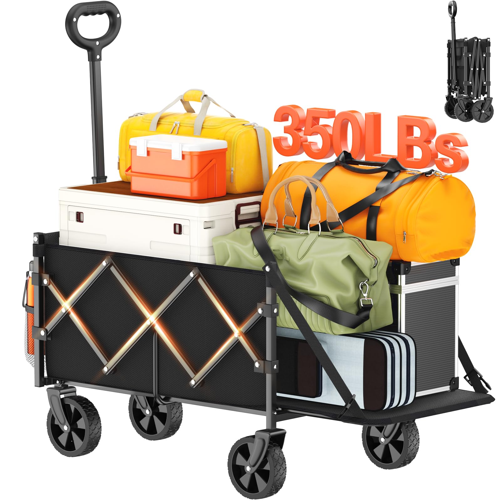 Foldable Wagon with Extended Tailgate - Heavy Duty Collapsible Utility Cart with Large Capacity for Shopping, Camping, Beach, Picnic & Outdoor Activities - Perfect for Groceries, Sports Gear & Apartment Moving - Black