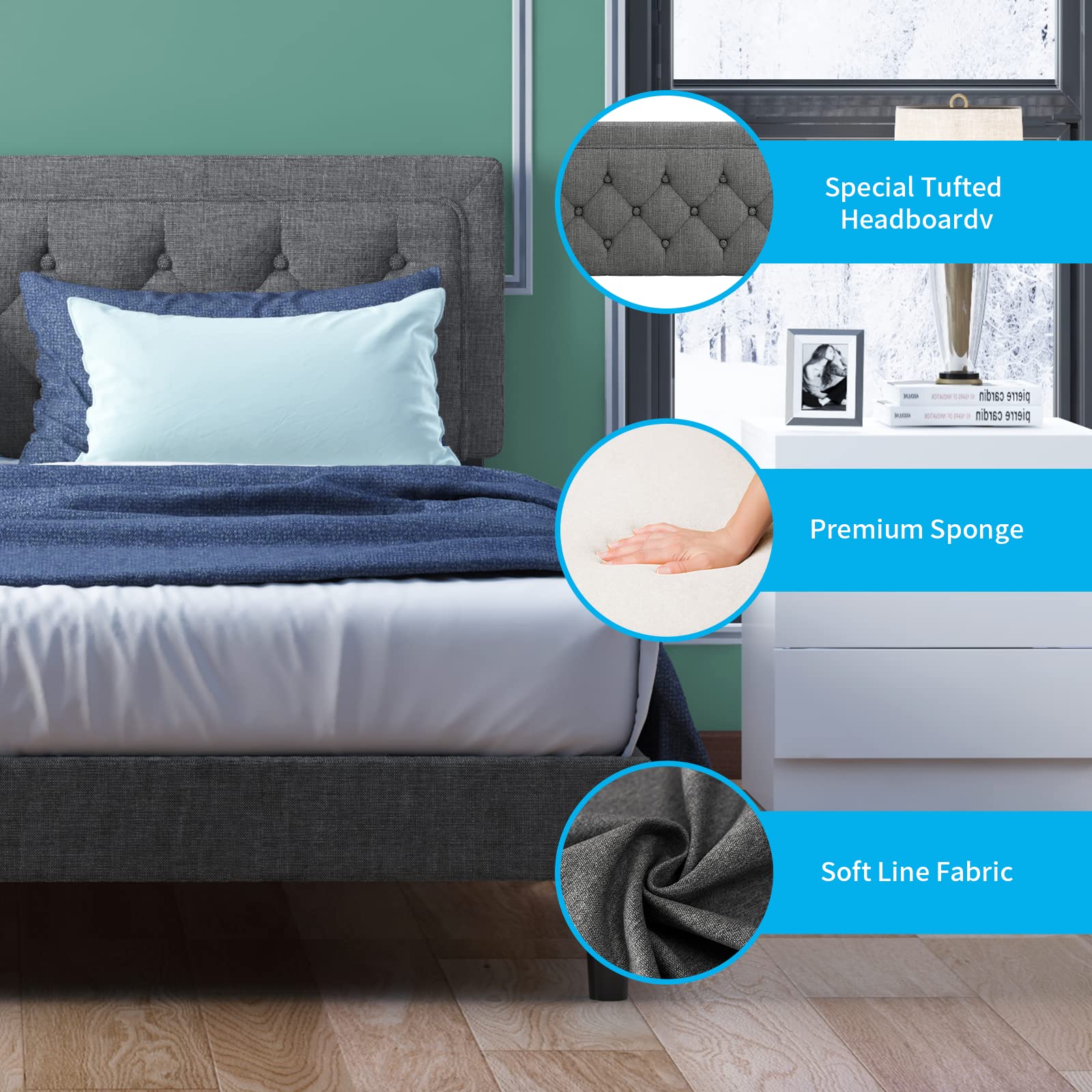 Mjkone Queen Size Bed Frame with Adjustable Headboard - Dark Grey Upholstered Platform Bed, No Box Spring Needed, Modern Tufted Design for Bedroom & Apartment | Perfect for Small Spaces, Guest Rooms & Master Bedrooms