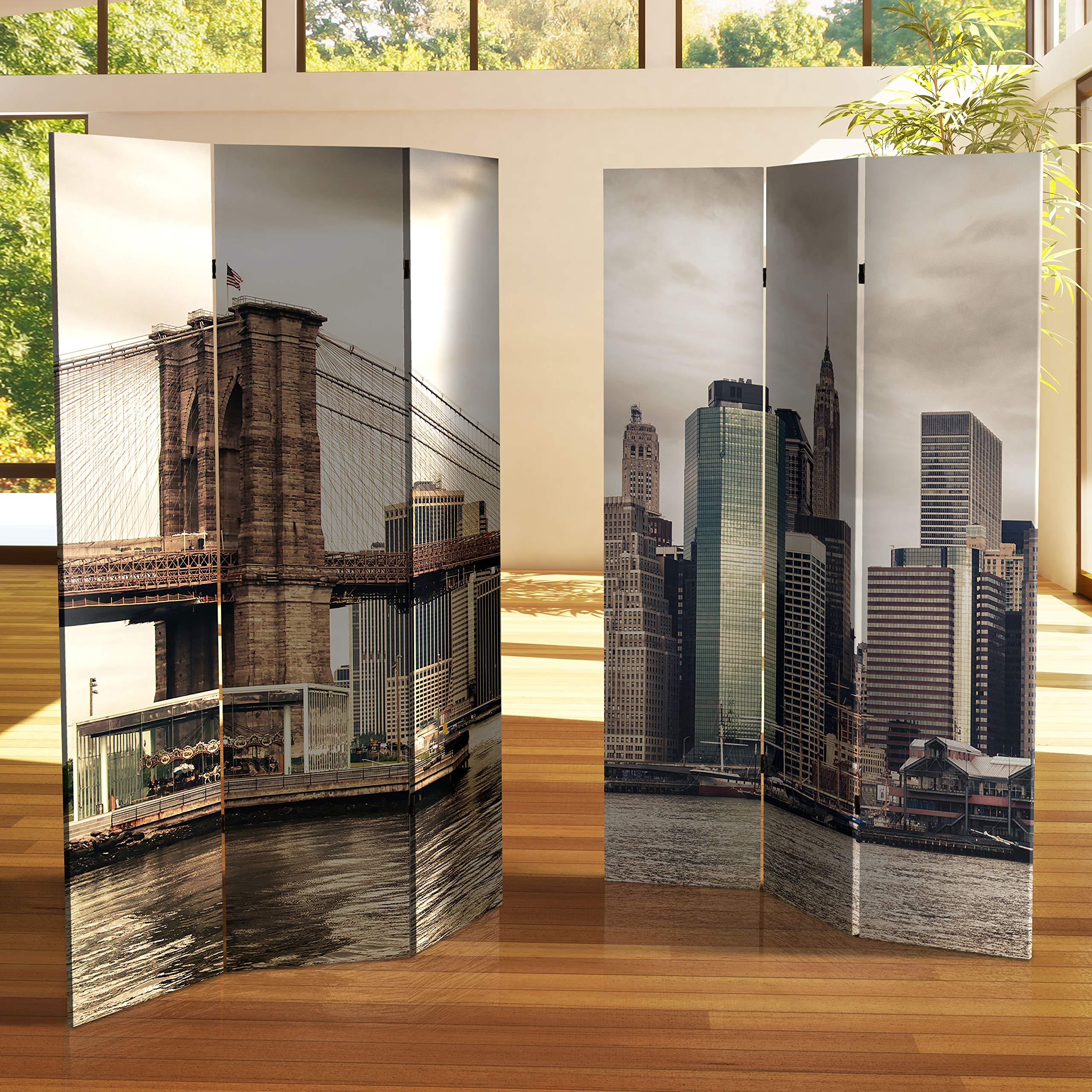 6 ft. Tall Double Sided Red Lantern New York River Canvas Room Divider - Grey Folding Screen for Home Office, Living Room & Event Decor