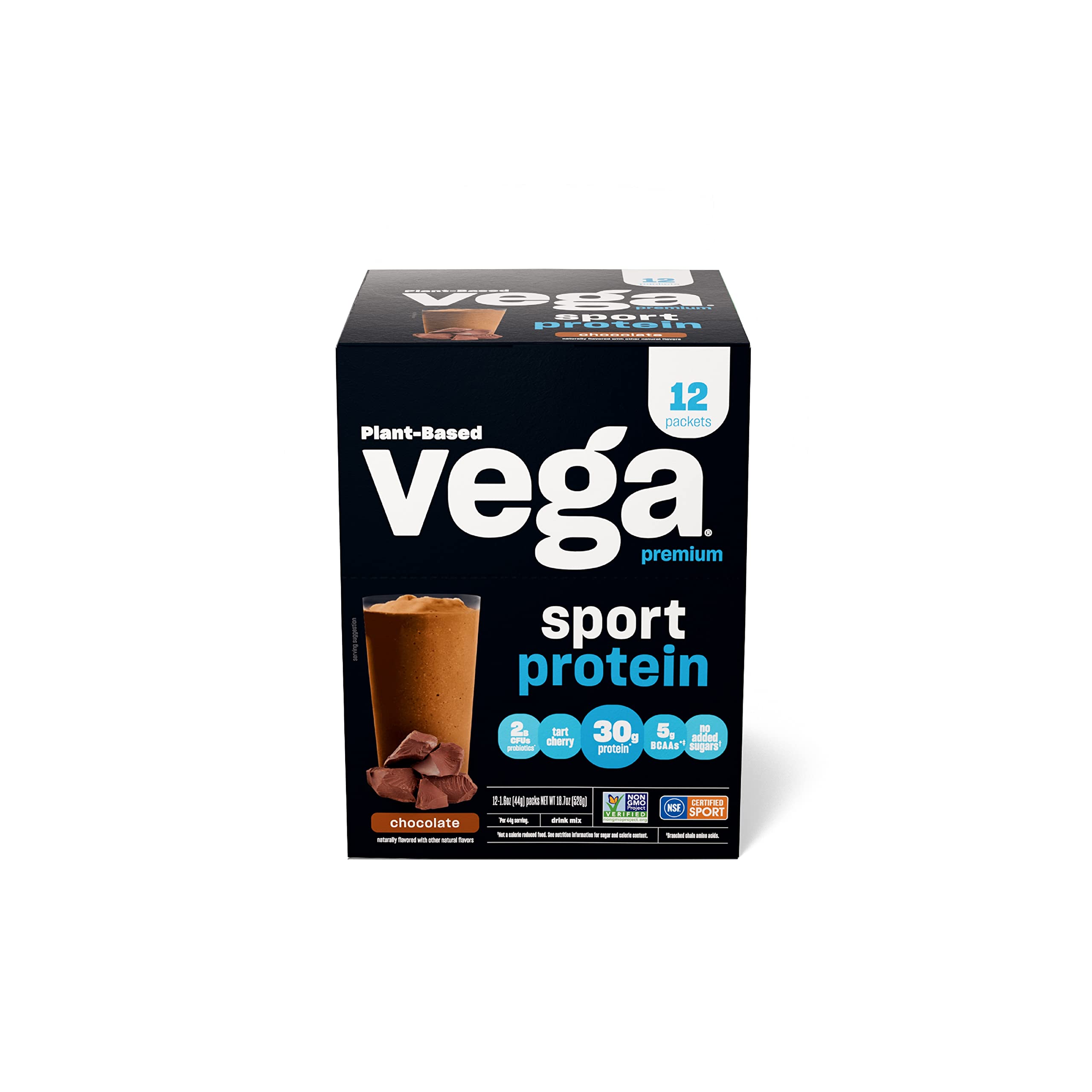 Vega Sport Premium Vegan Protein Powder - Chocolate Flavor, 30g Plant-Based Protein, 5g BCAAs, Low Carb, Keto-Friendly, Dairy-Free, Gluten-Free Pea Protein for Men & Women (12 x 1.6 oz Packets) | Post-Workout Recovery & Muscle Building Supplement