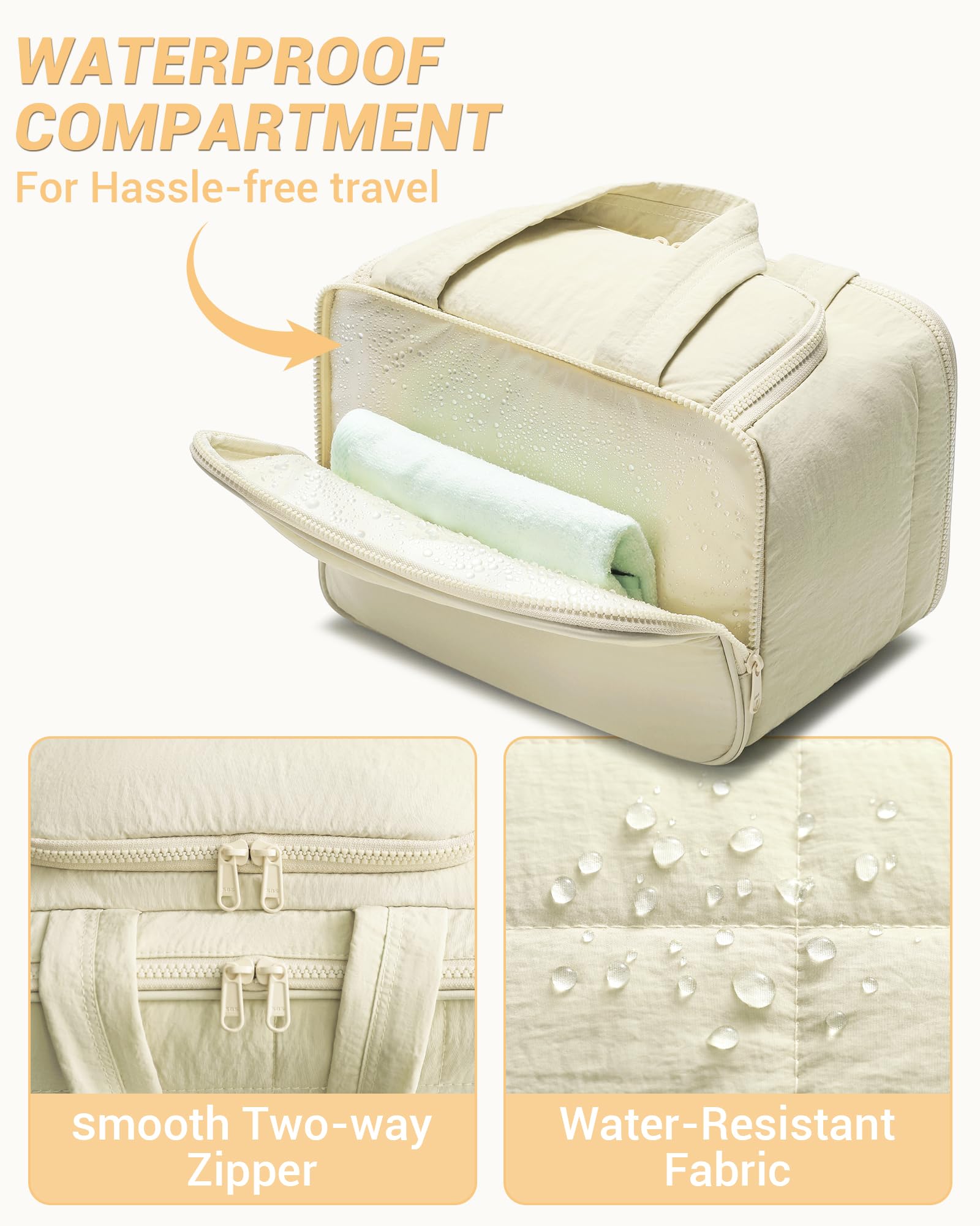 Quilted Travel Toiletry Bag for Women - Lightweight Cosmetic Makeup Organizer with Handle for Essentials | Puffy Wide-Open Design | Perfect for Air Travel, Vacation & Gym Accessories Storage (Beige)