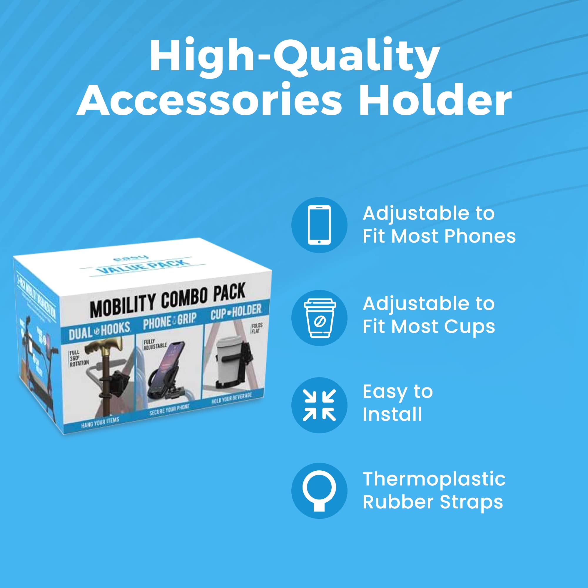 **Mobility Combo Pack - Adjustable Hook, Phone & Cup Holder for Walkers, Wheelchairs & Strollers - Easy Install Stretch Strap Fits 2