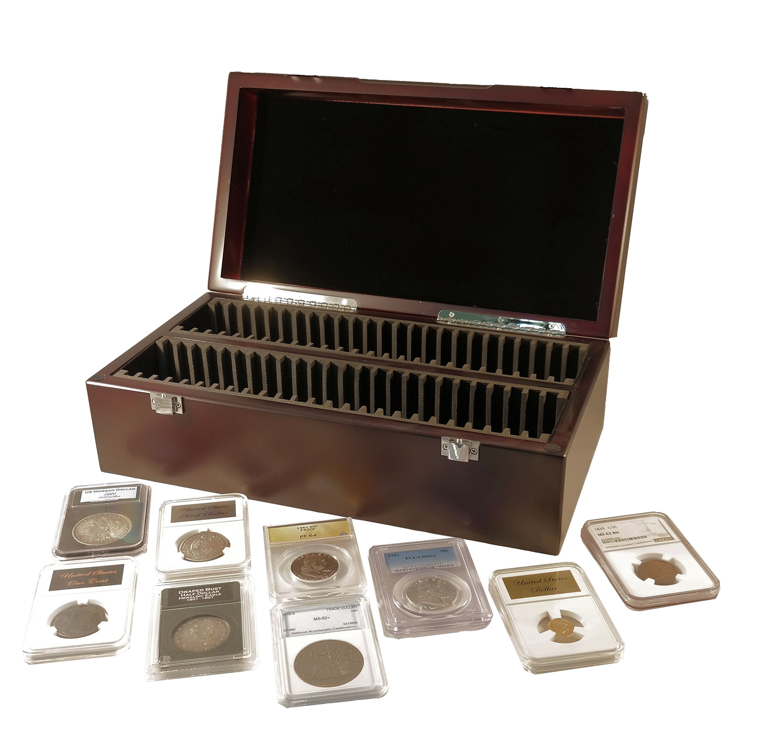 Certified Coin Storage & Display Box - Dark Mahogany Finish Wooden Case for 50 PCGS/NGC/Premier/Ursae Minoris Coin Holders - Perfect for Collectors & Home Office Decor