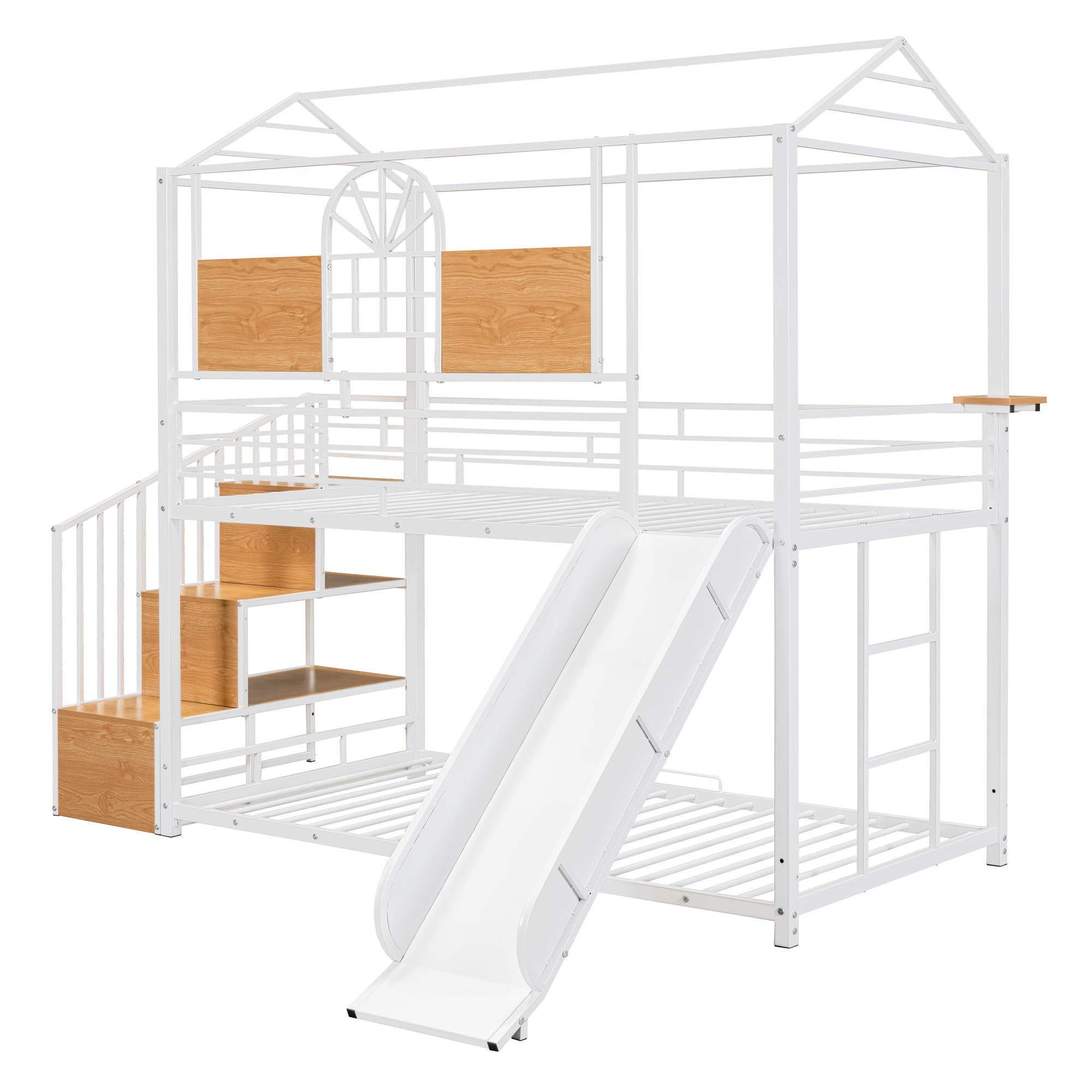 Twin Over Twin Low Bunk Bed with Slide & Stairs - Sturdy Metal Frame Kids Bunk Bed with Storage Shelves for Boys, Girls & Teens - Perfect for Small Bedrooms, Shared Kids Rooms & Sleepovers - White