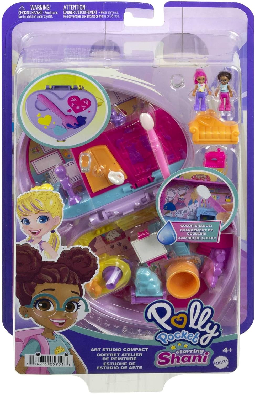 Polly Pocket Starring Shani Art Studio Compact - Fashionable Miniature Makeup Case for Girls, Perfect for Travel & Play