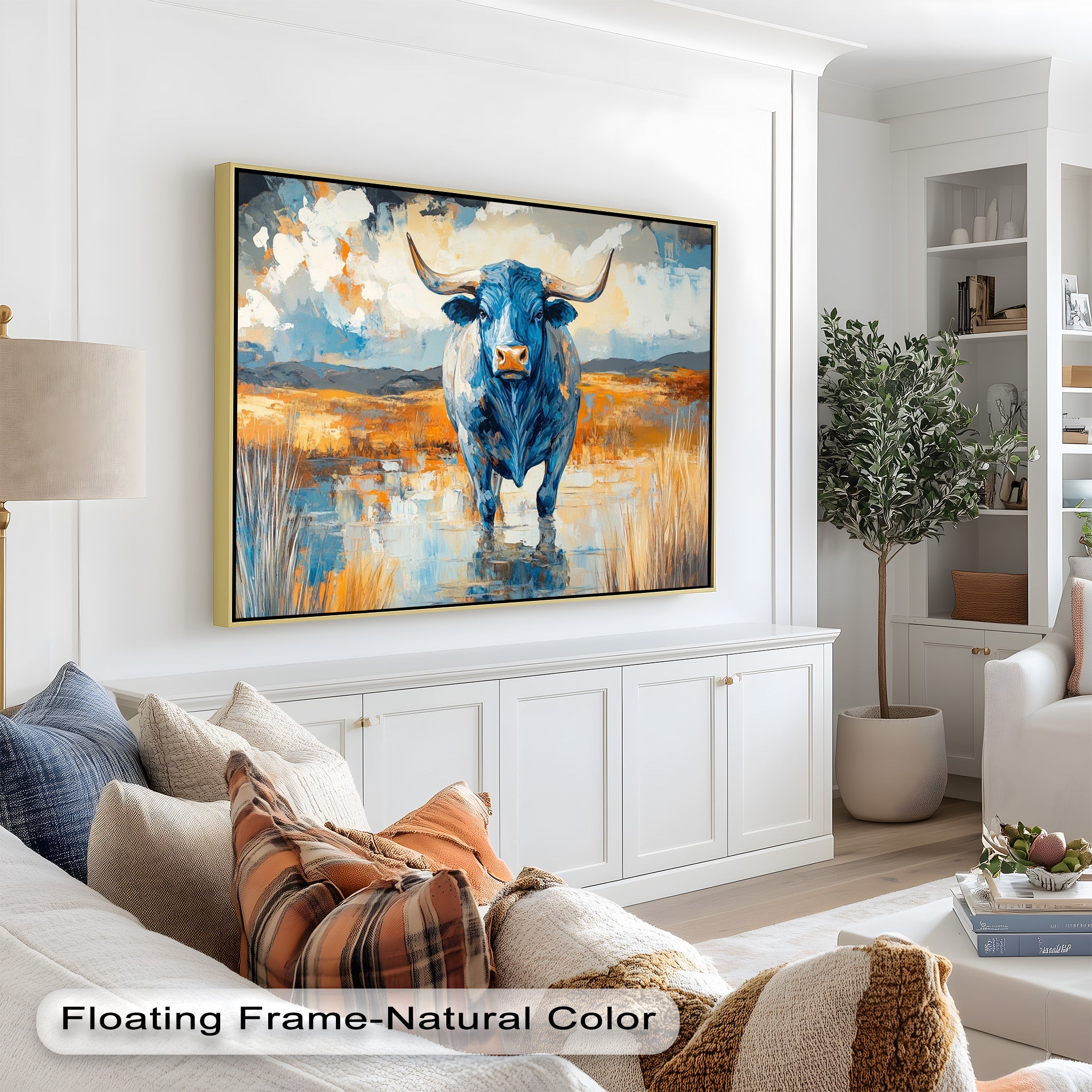 Blue Desert Bull - Hand Painted Animal Oil Canvas Artwork | Western Wildlife Decor for Living Room, Bedroom & Office