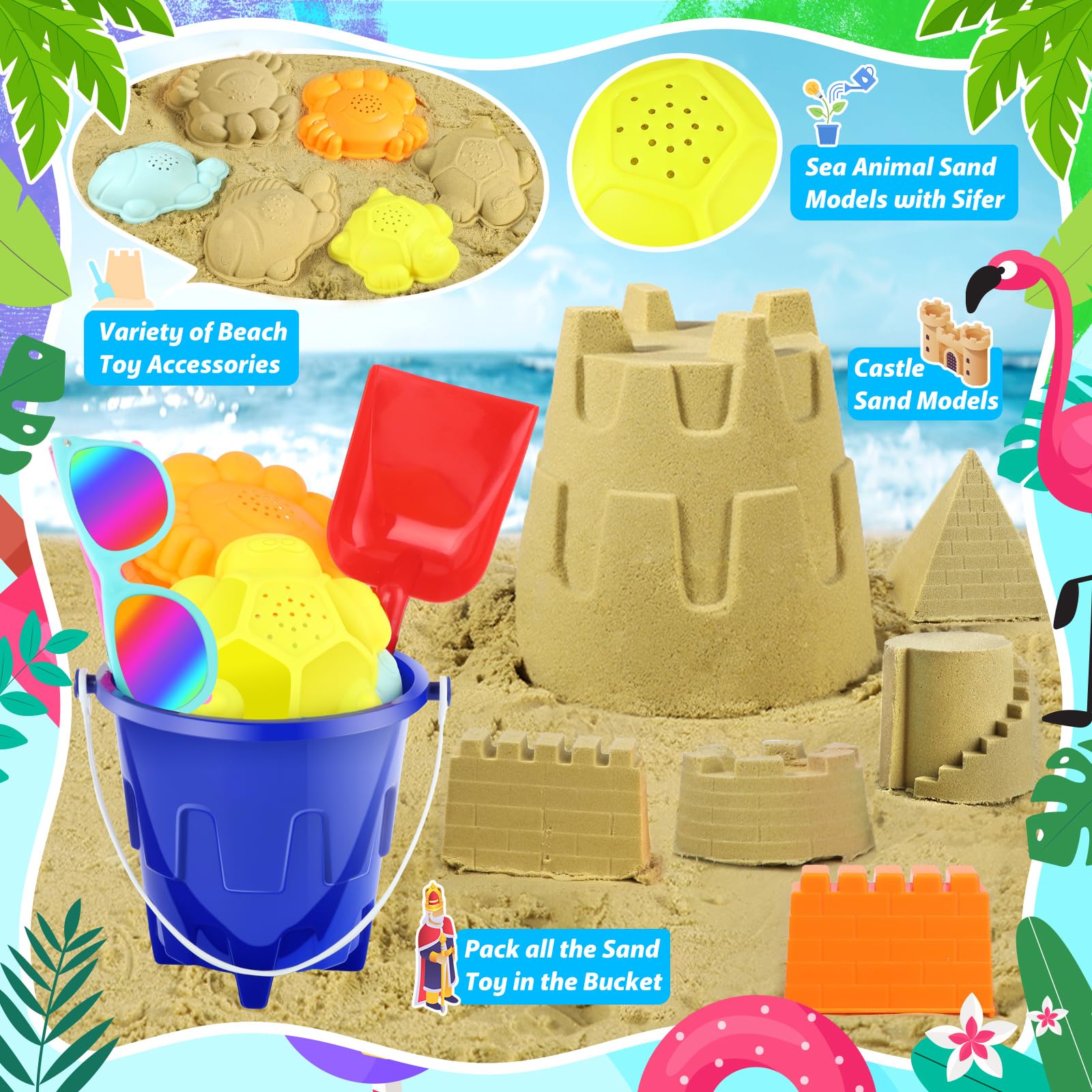 Beach Toys for Kids 3-10 - Sand Bucket, Sunglasses & Castle Set for Beach Fun